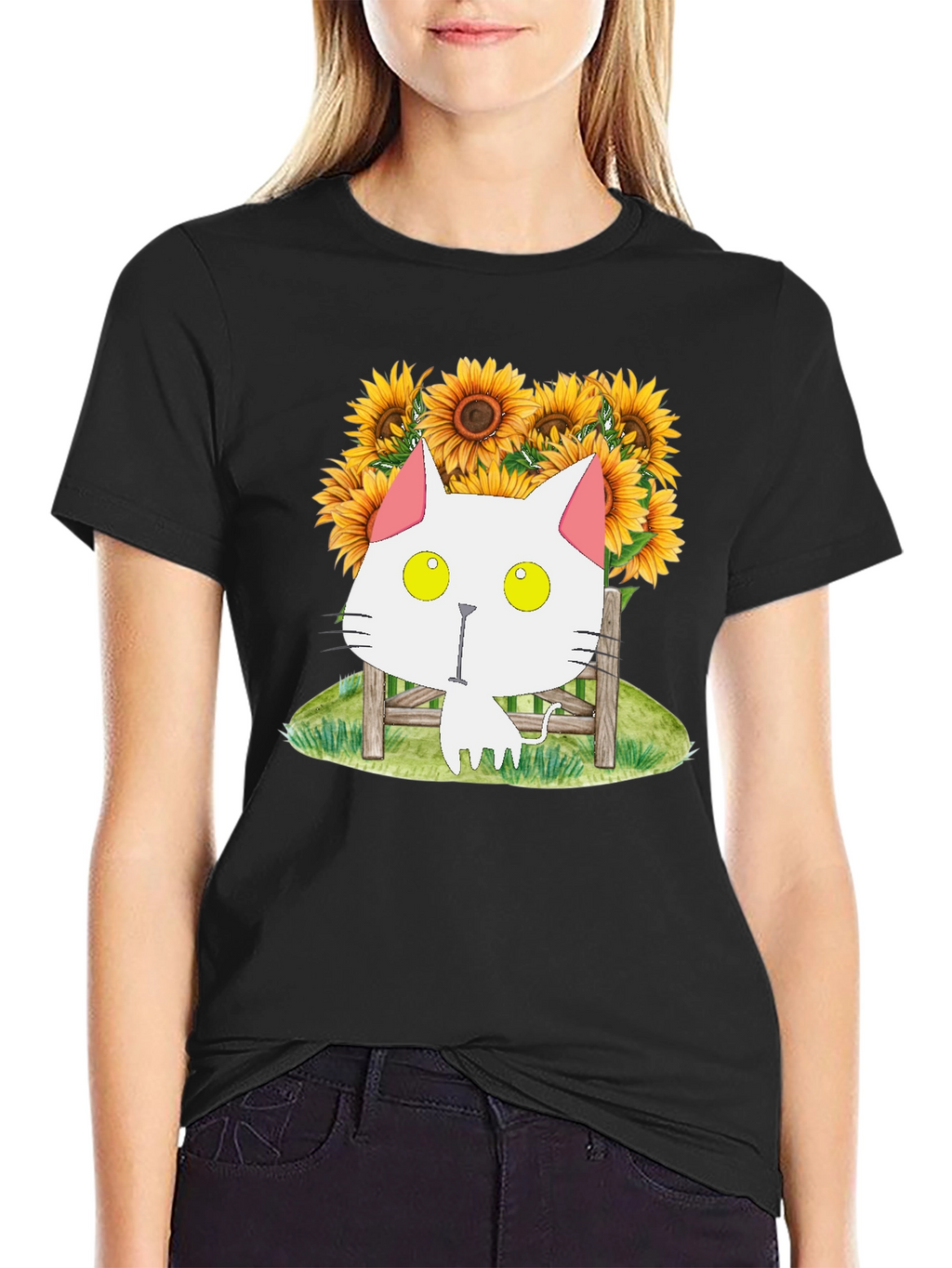 Cat and Sunflower Graphic T-Shirt