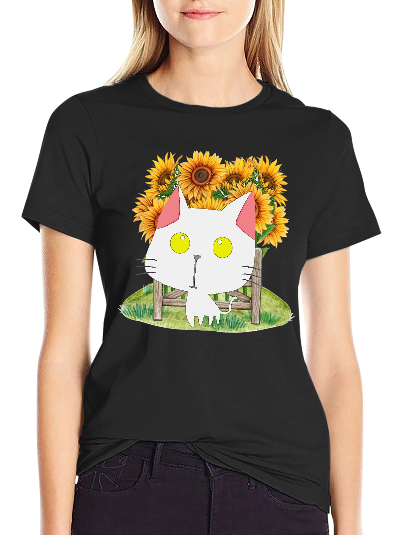 Cat and Sunflower Graphic T-Shirt