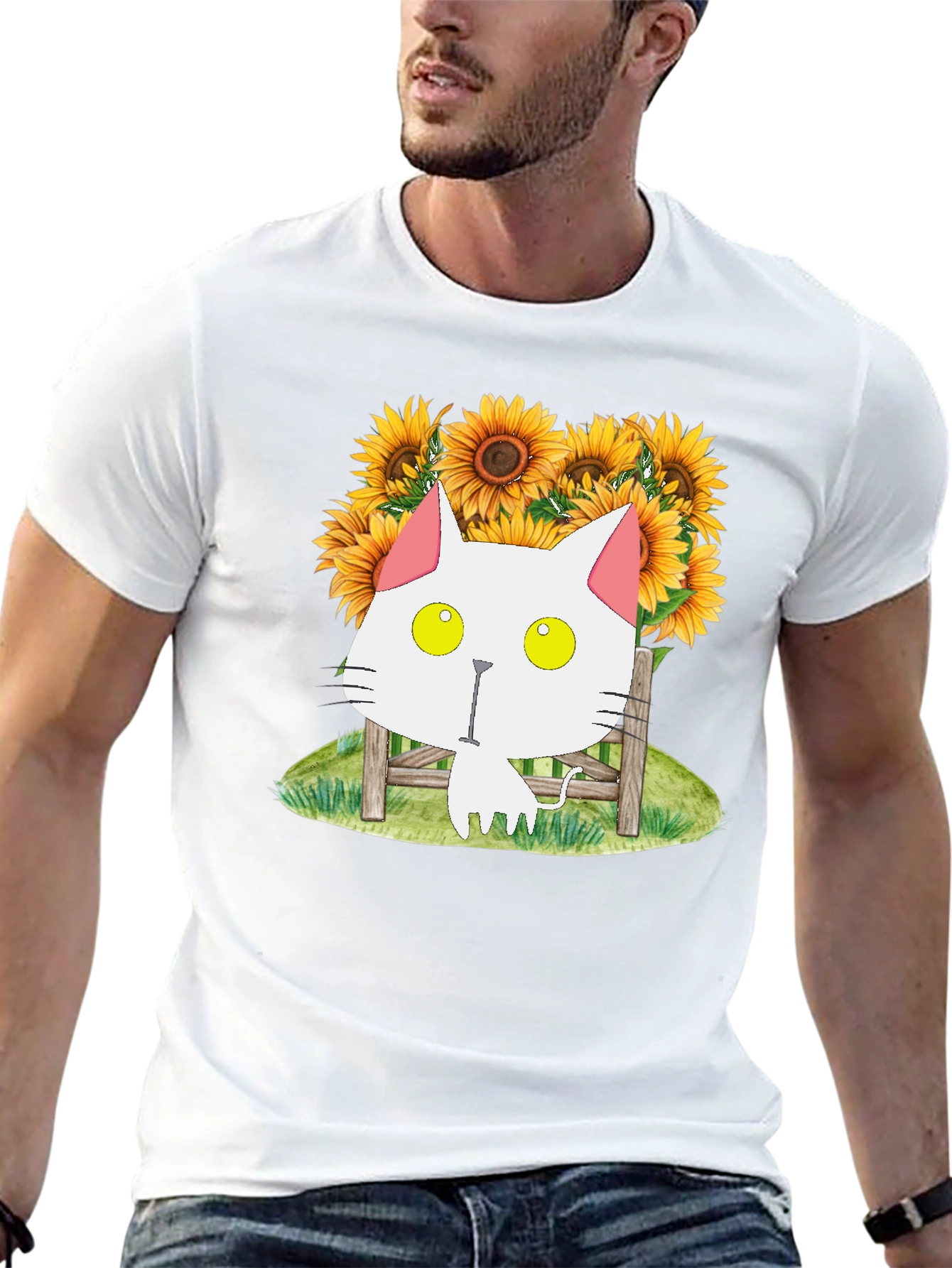 Cat and Sunflower Graphic T-Shirt
