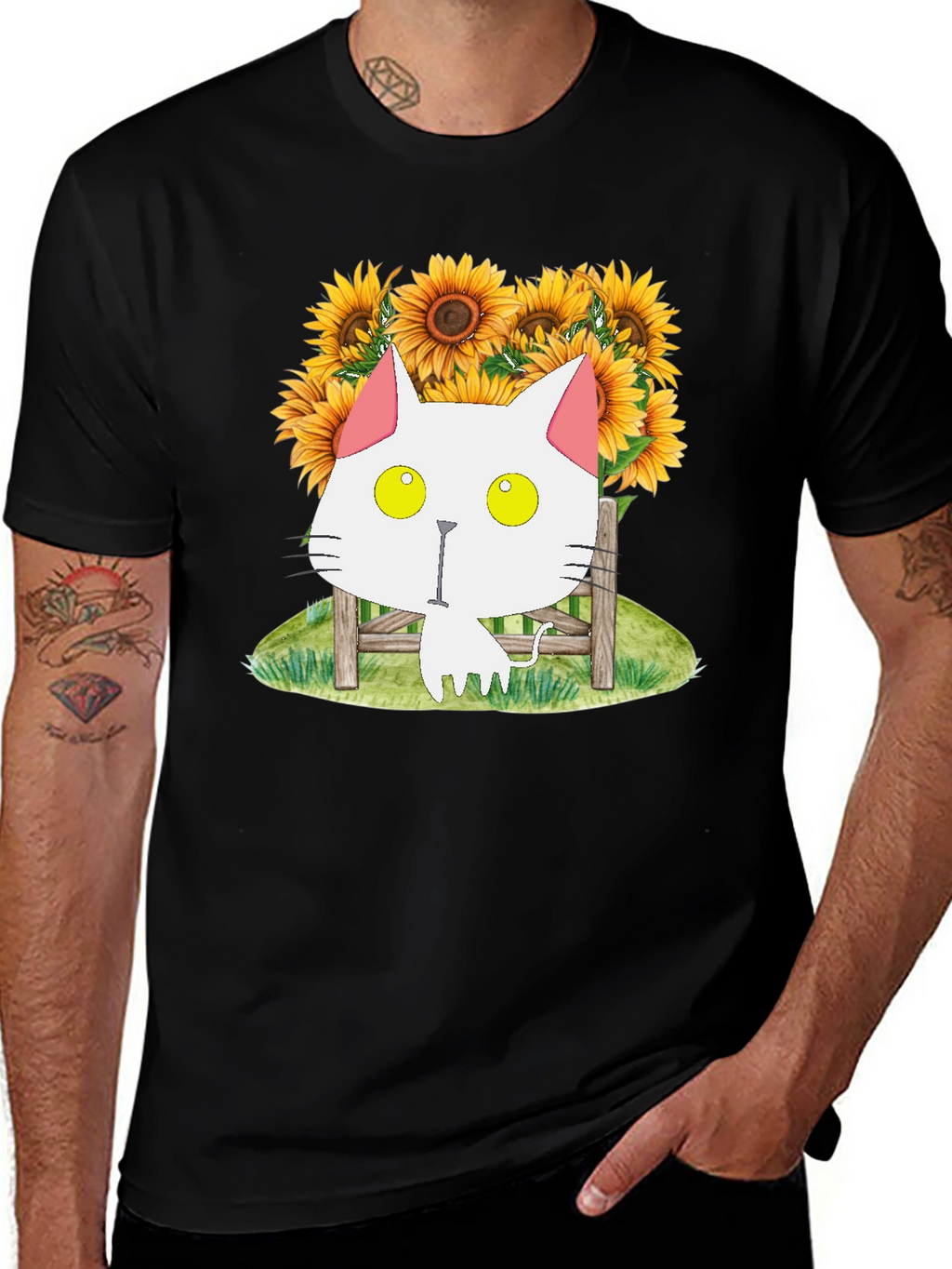Cat and Sunflower Graphic T-Shirt