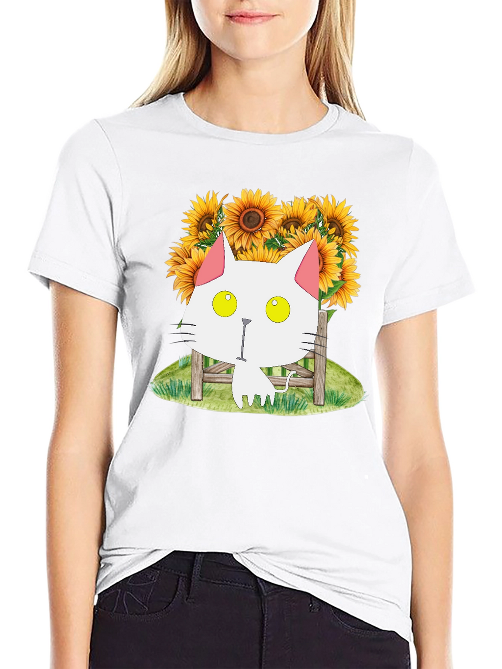 Cat and Sunflower Graphic T-Shirt