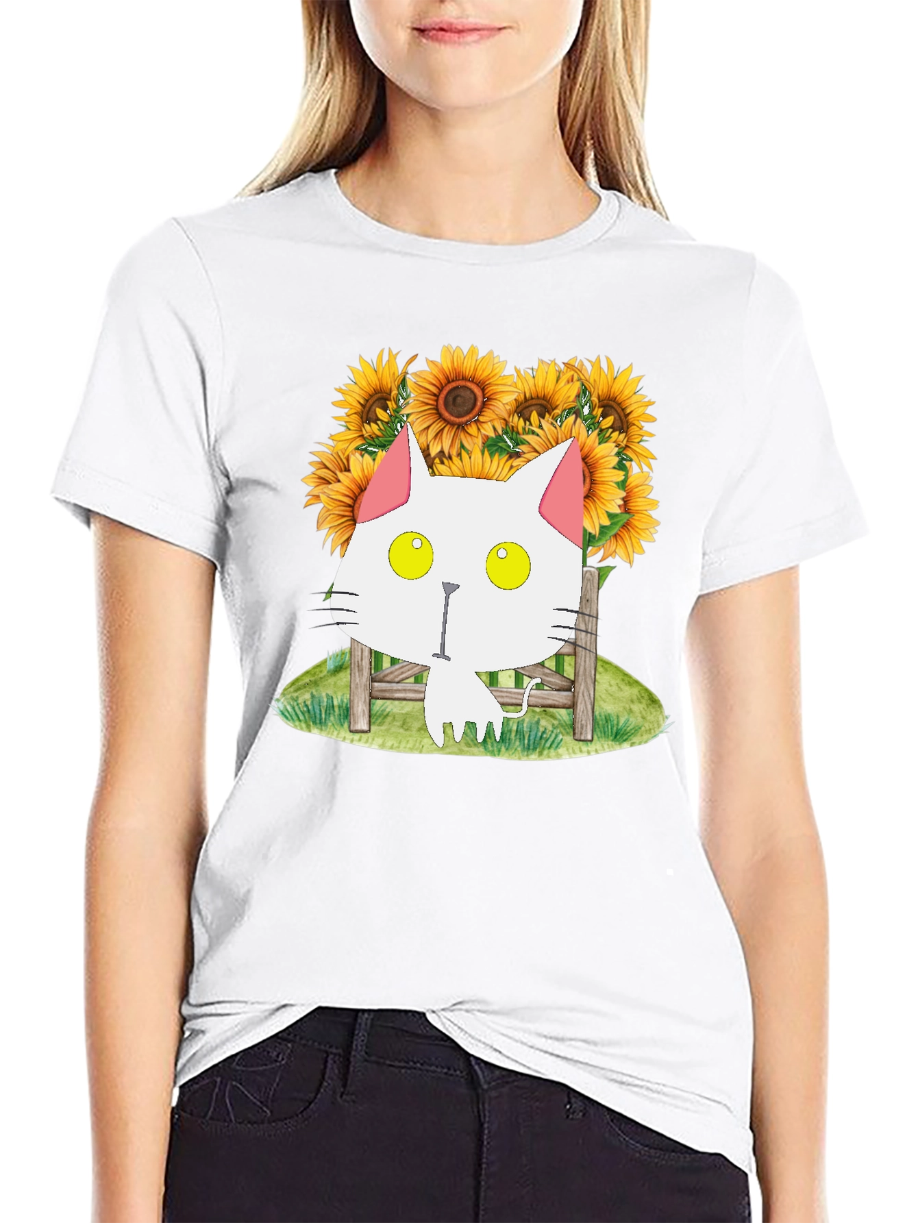 Cat and Sunflower Graphic T-Shirt