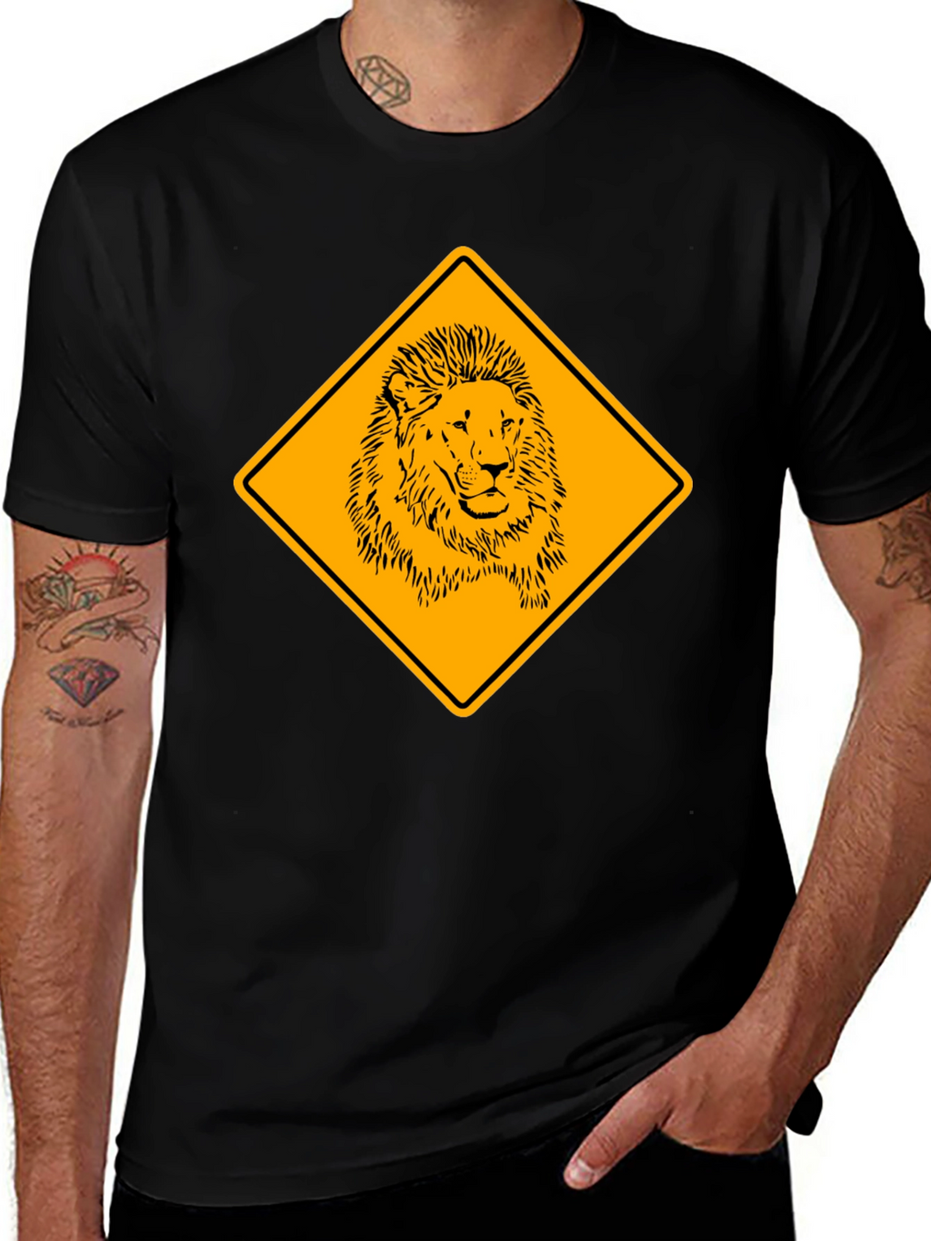 Lion Warning Sign Black T-Shirt