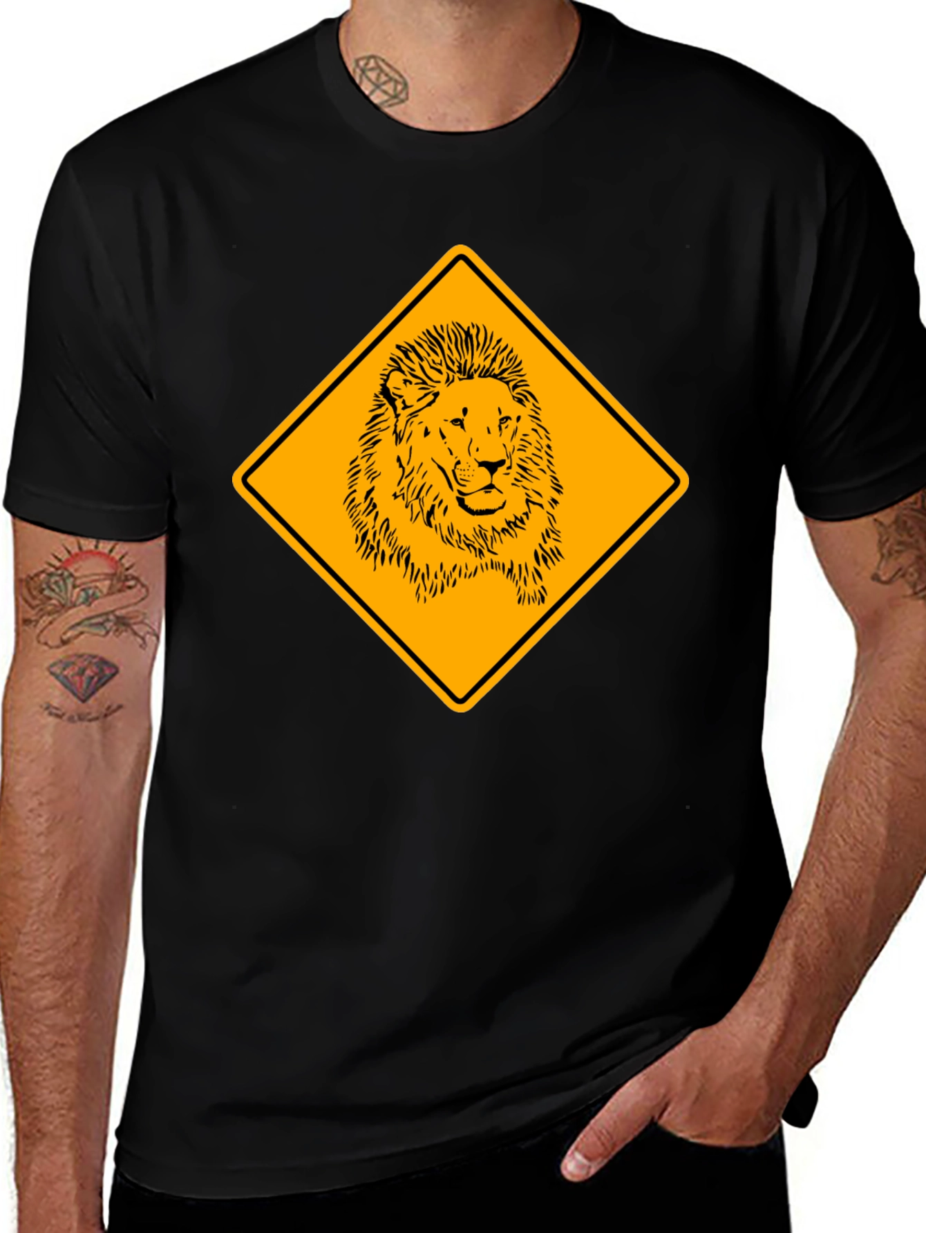 Lion Warning Sign Black T-Shirt