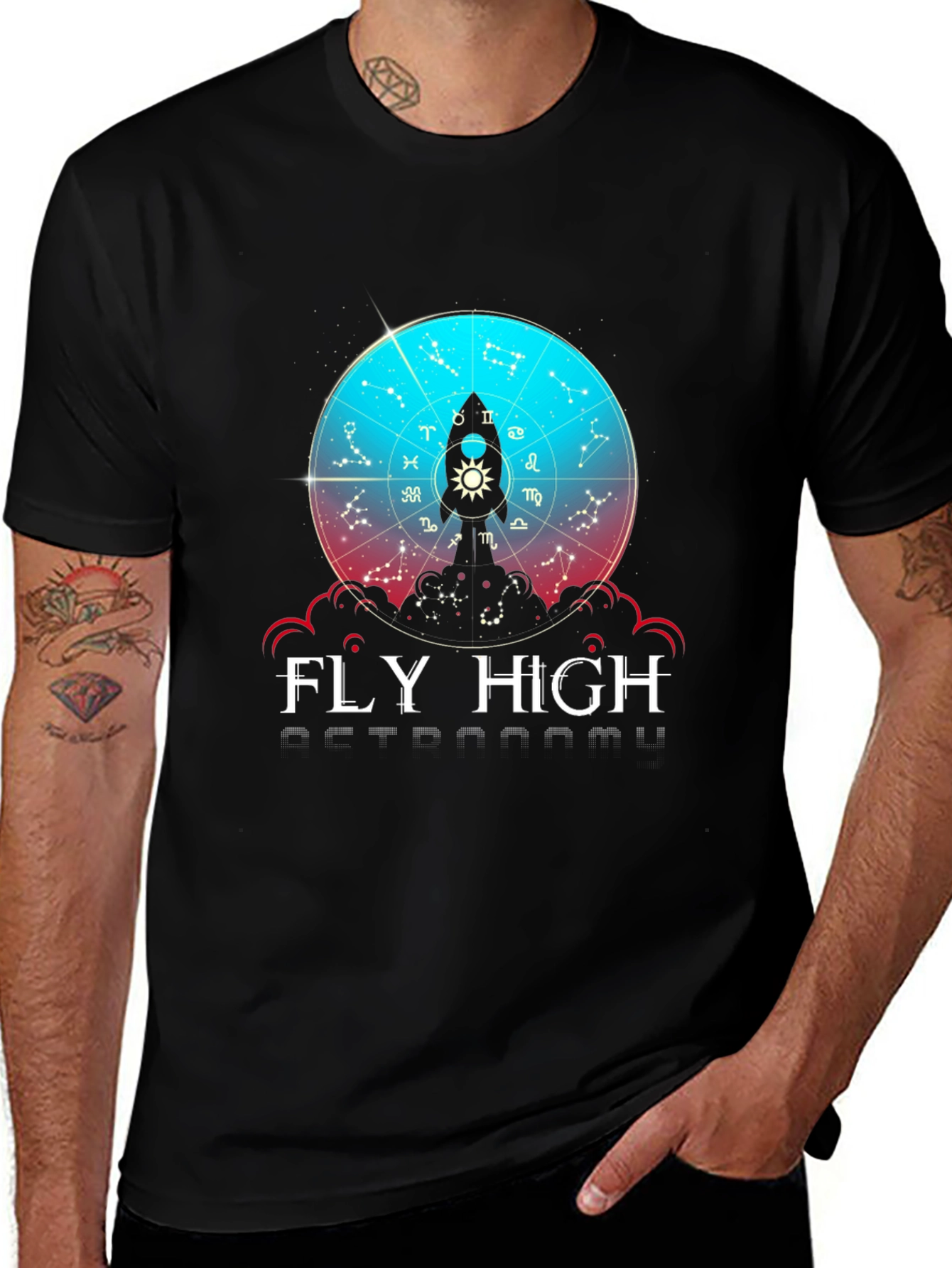 Fly High Astronomy T-Shirt - Zodiac Rocket Design