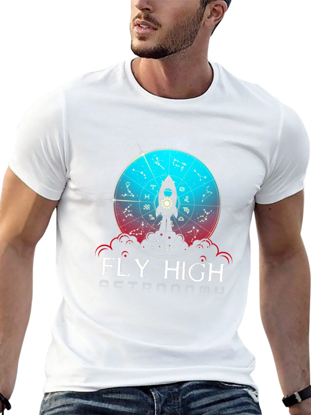 Fly High Astronomy T-Shirt - Zodiac Rocket Design