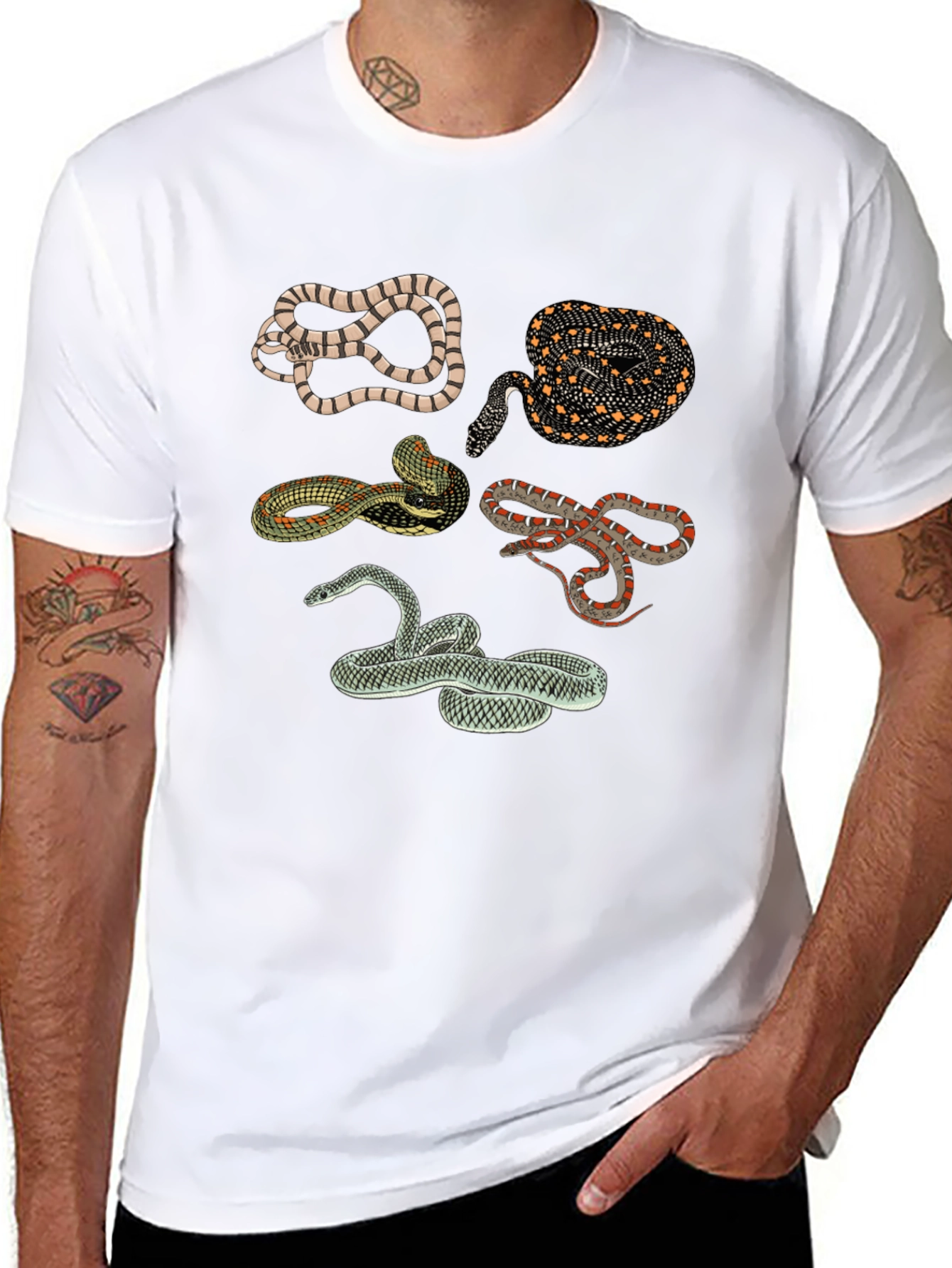 Snake Print Crew Neck Tee - Black