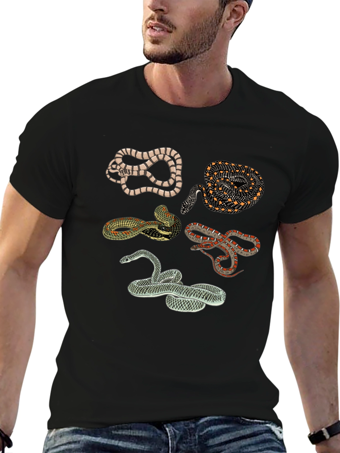 Snake Print Crew Neck Tee - Black
