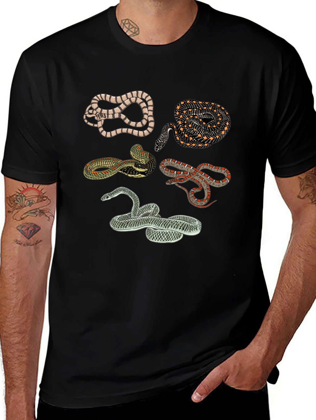 Snake Print Crew Neck Tee - Black