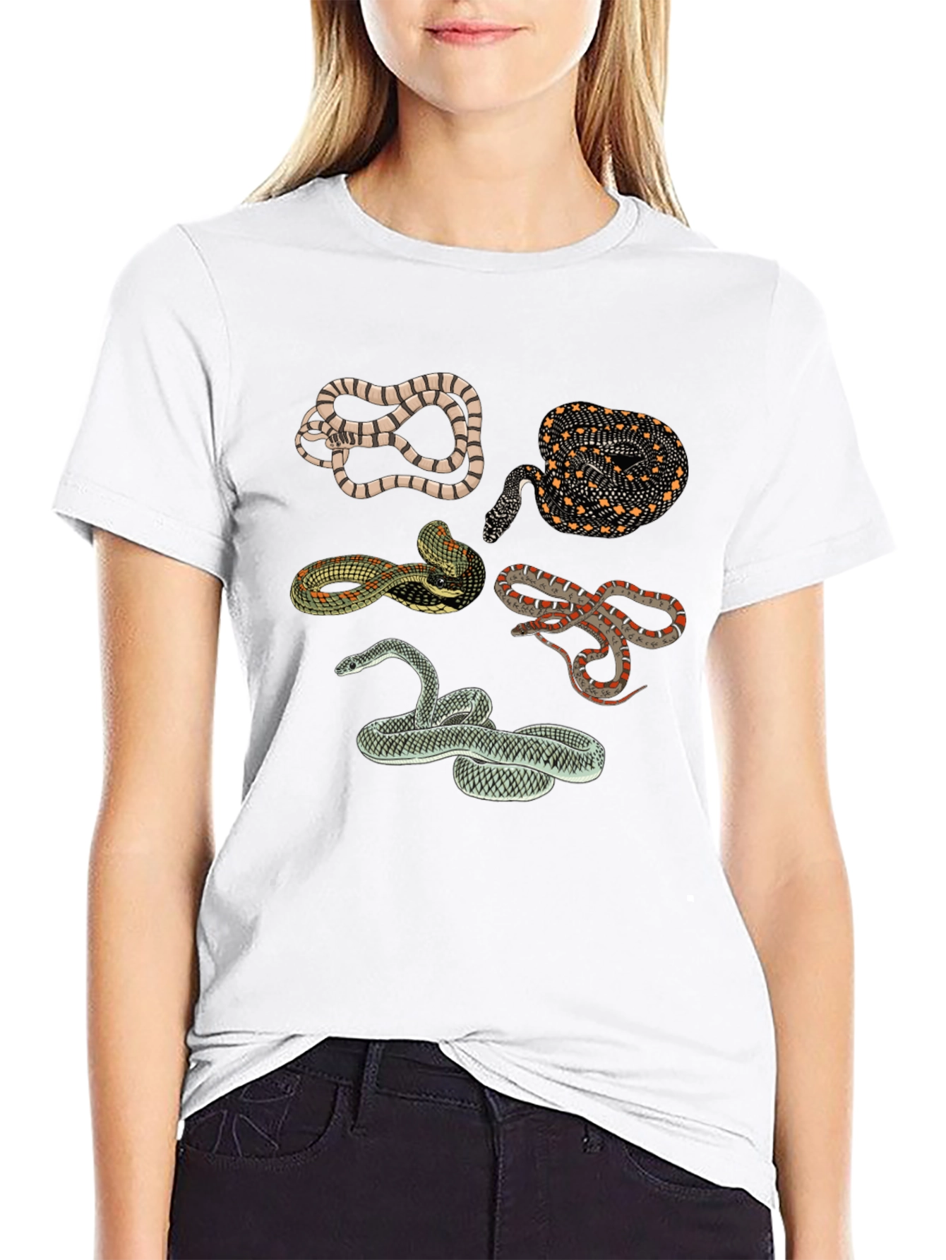Snake Print Crew Neck Tee - Black