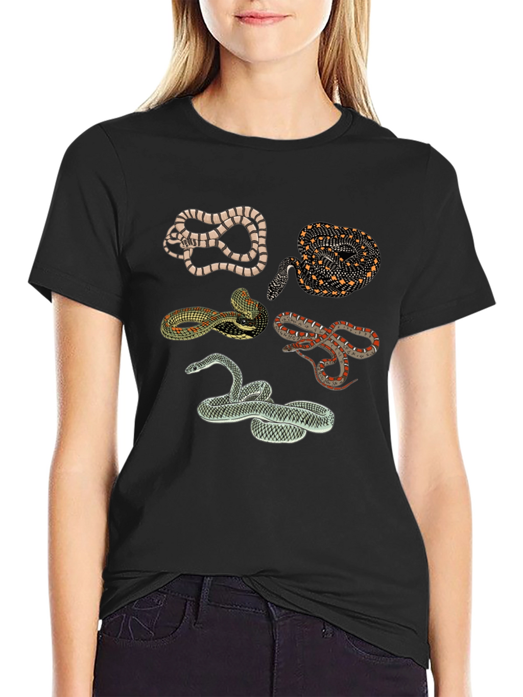Snake Print Crew Neck Tee - Black