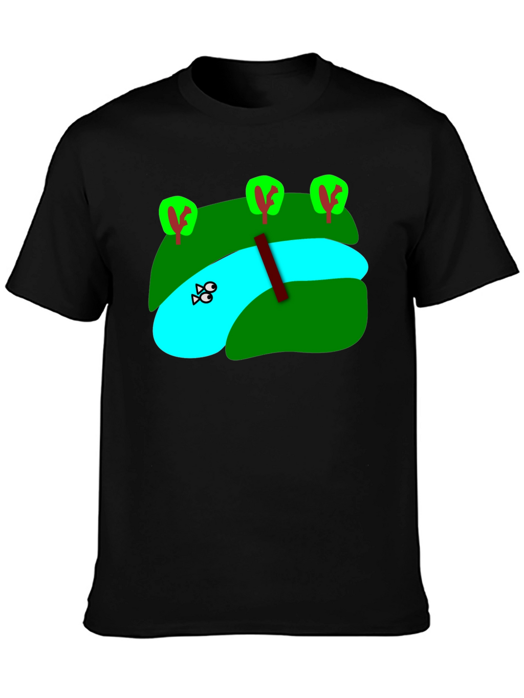 Cartoon Landscape River Graphic Black T-Shirt