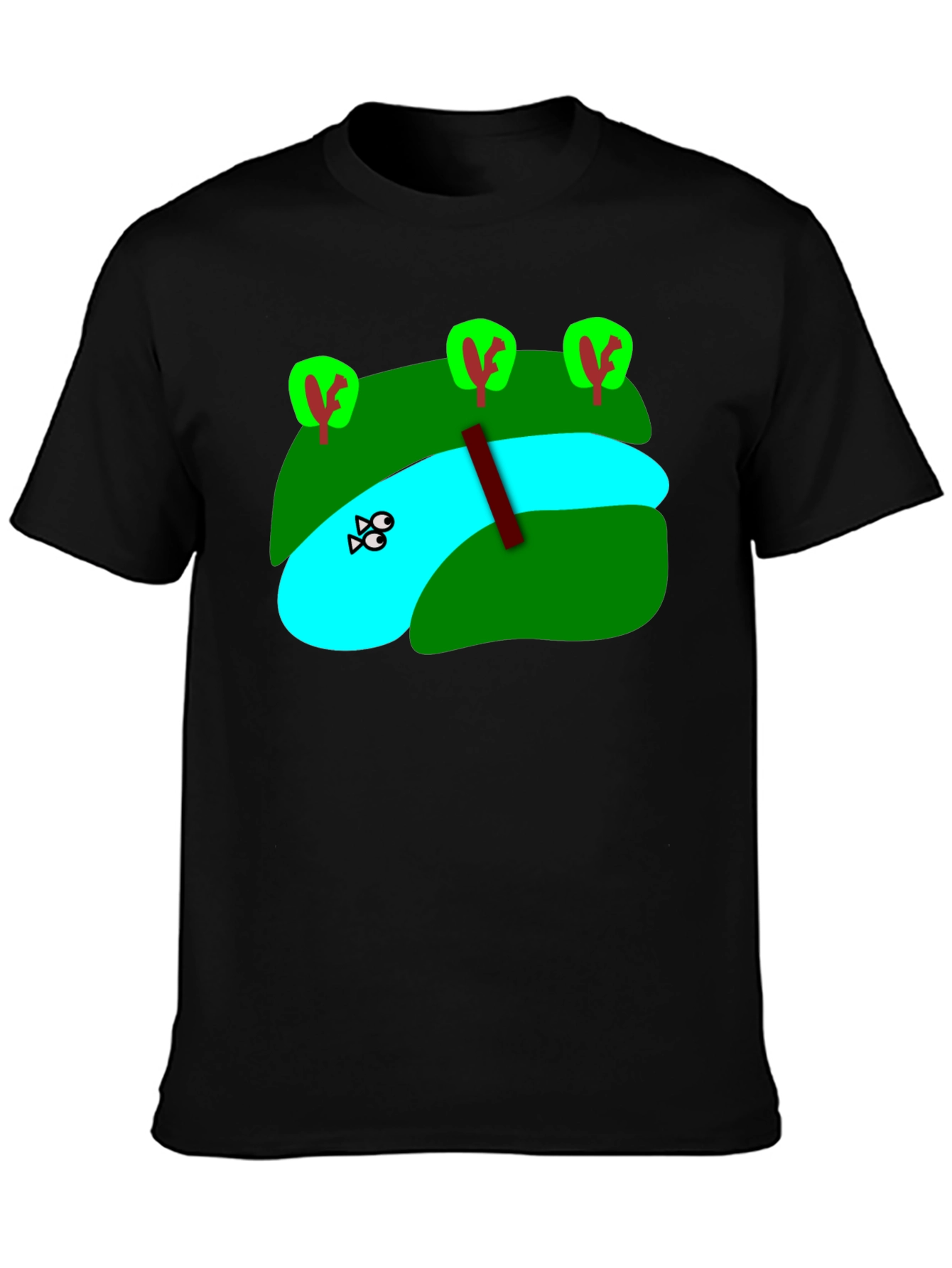 Cartoon Landscape River Graphic Black T-Shirt