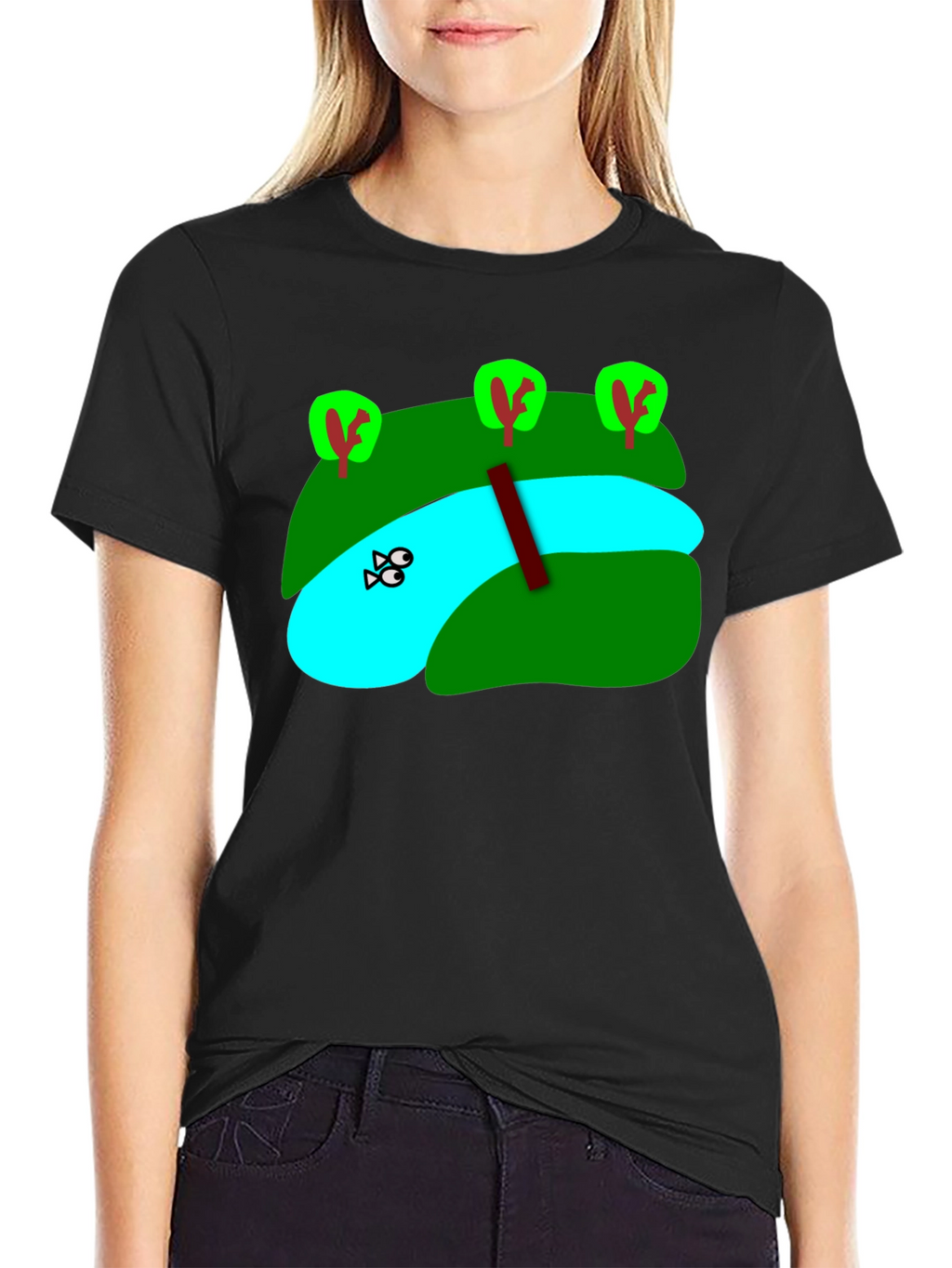 Cartoon Landscape River Graphic Black T-Shirt