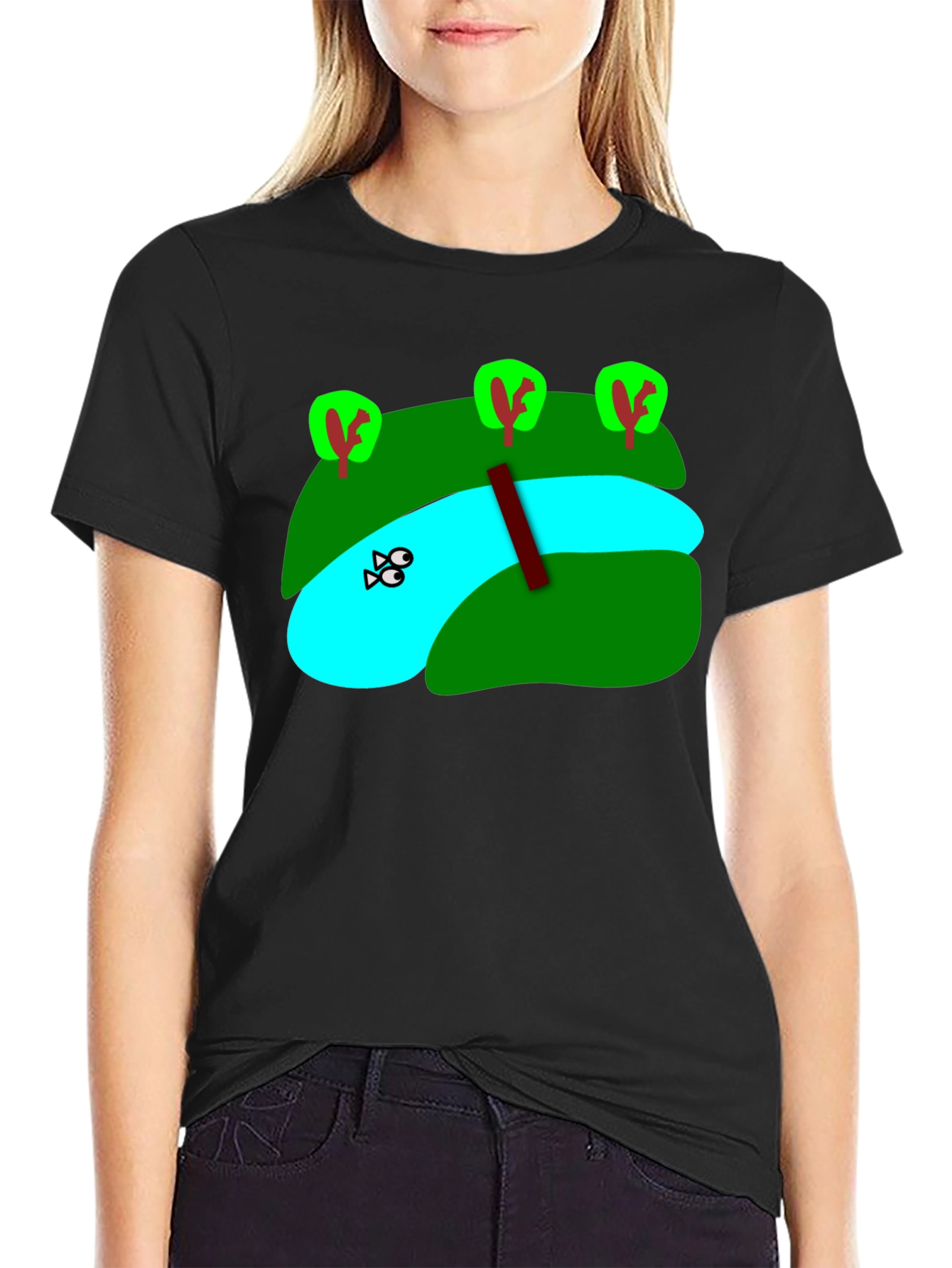 Cartoon Landscape River Graphic Black T-Shirt