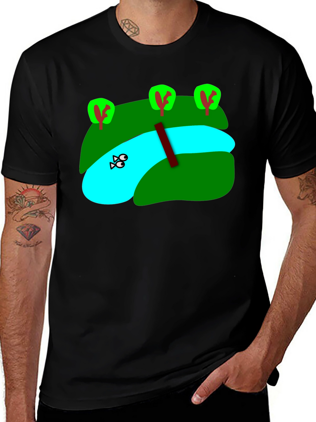 Cartoon Landscape River Graphic Black T-Shirt