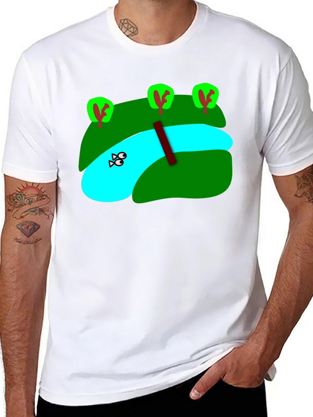 Cartoon Landscape River Graphic Black T-Shirt