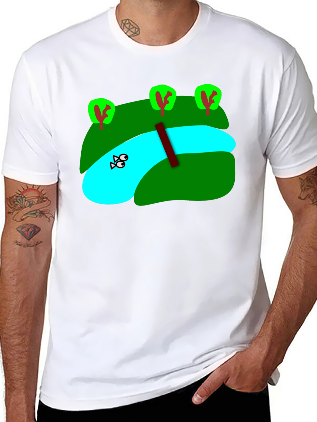 Cartoon Landscape River Graphic Black T-Shirt
