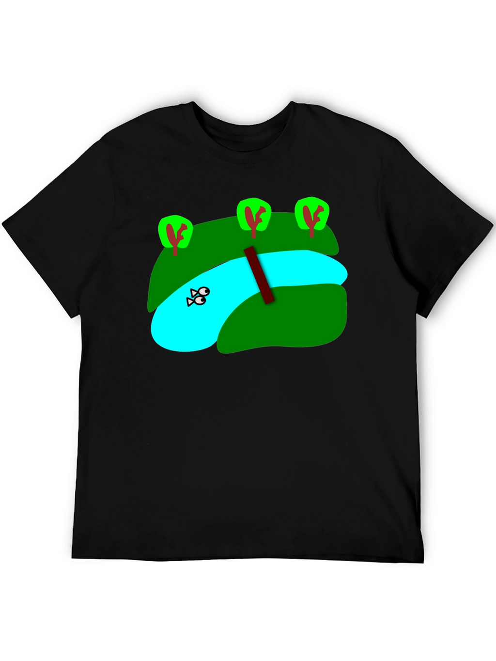 Cartoon Landscape River Graphic Black T-Shirt