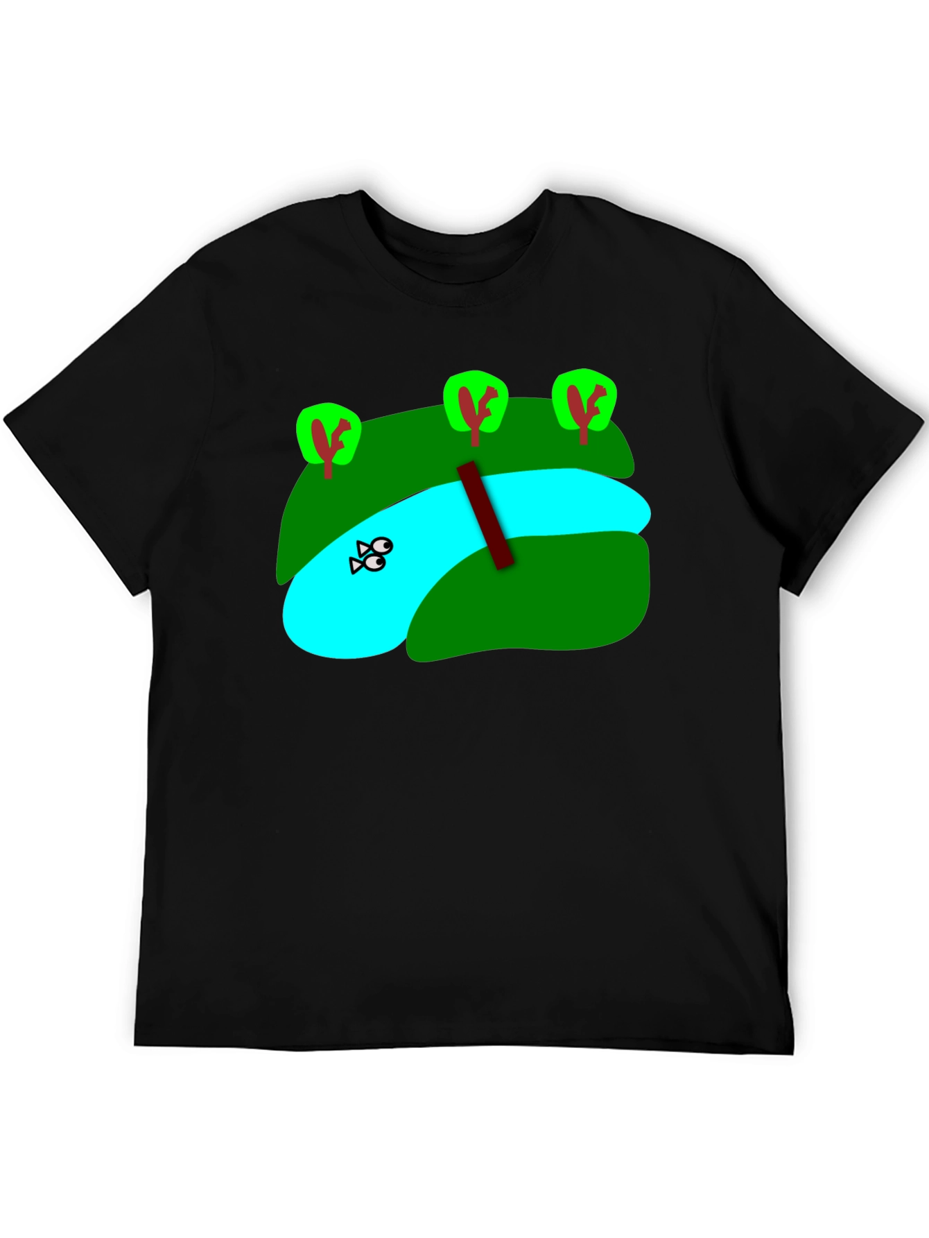 Cartoon Landscape River Graphic Black T-Shirt