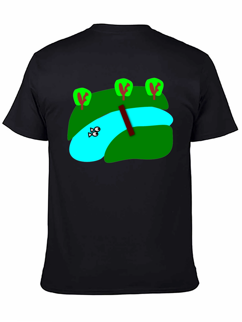 Cartoon Landscape River Graphic Black T-Shirt