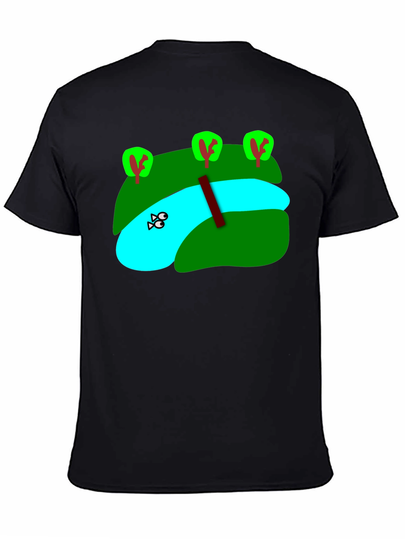 Cartoon Landscape River Graphic Black T-Shirt