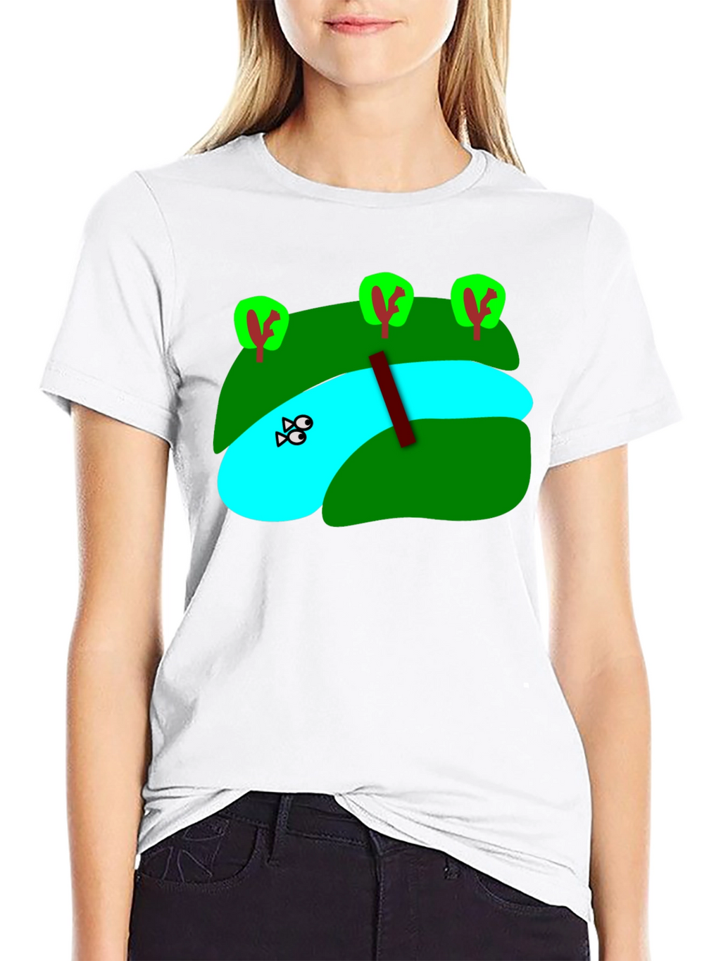 Cartoon Landscape River Graphic Black T-Shirt