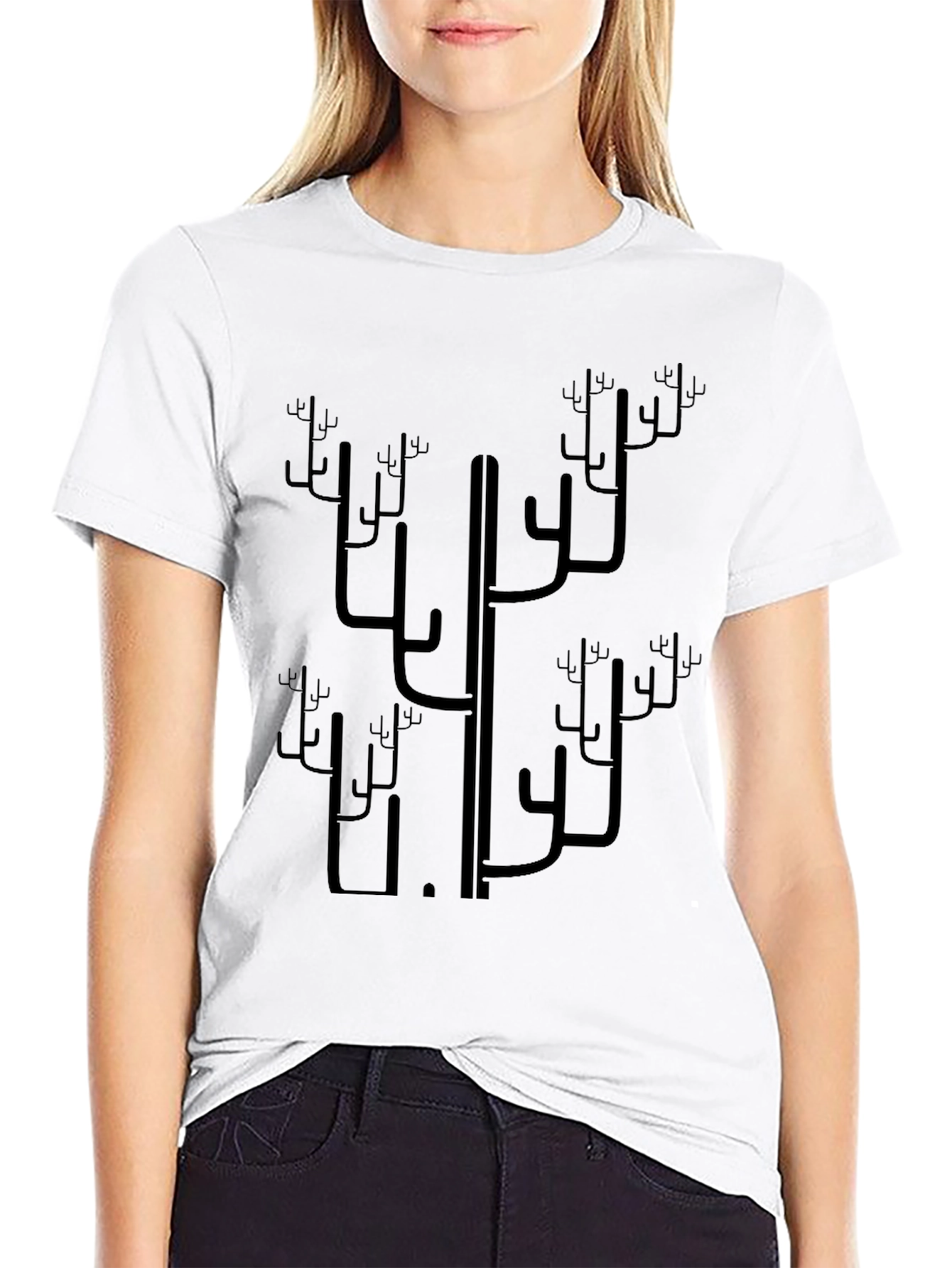 Abstract Cactus Print Black T-Shirt