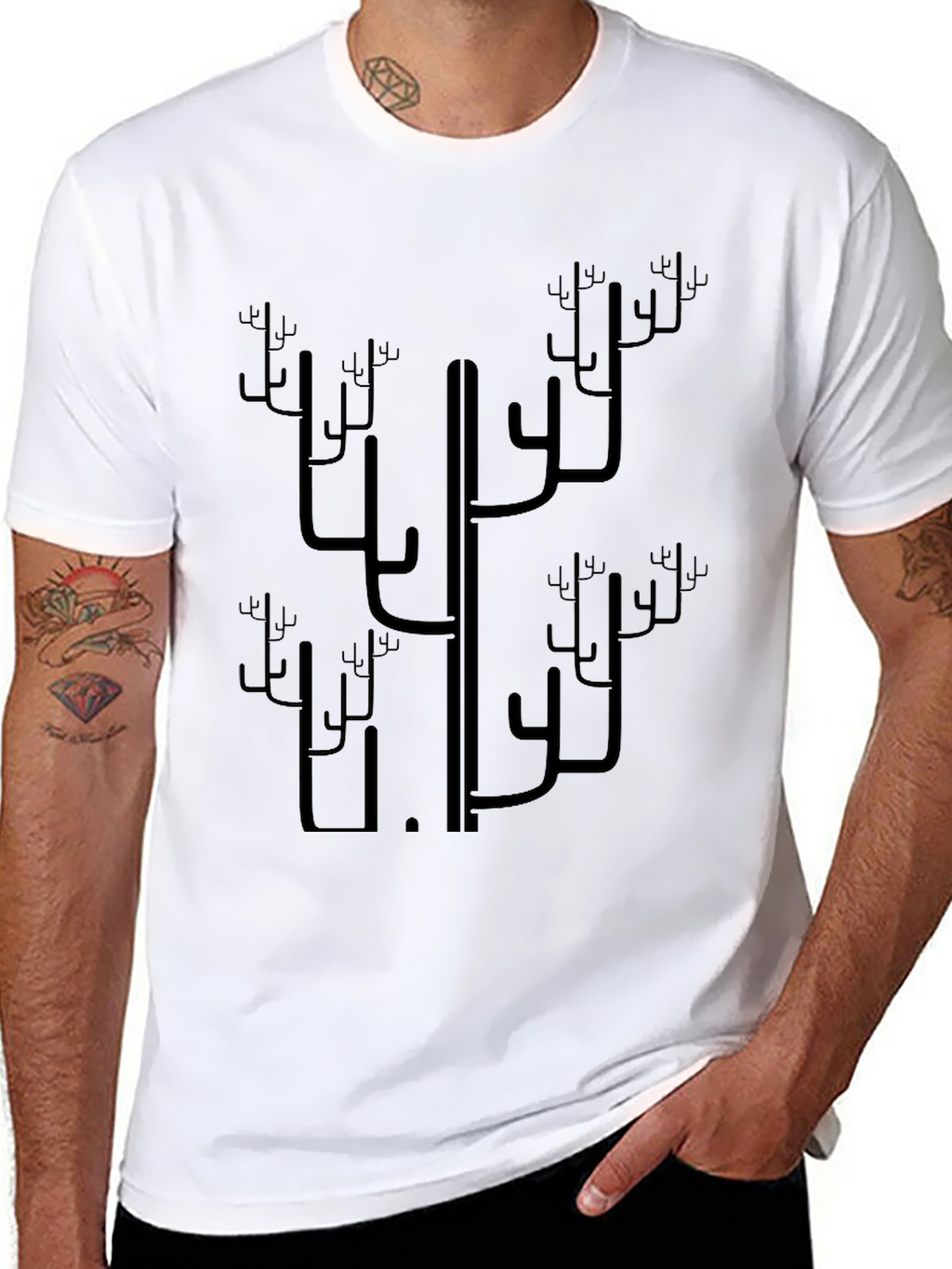 Abstract Cactus Print Black T-Shirt