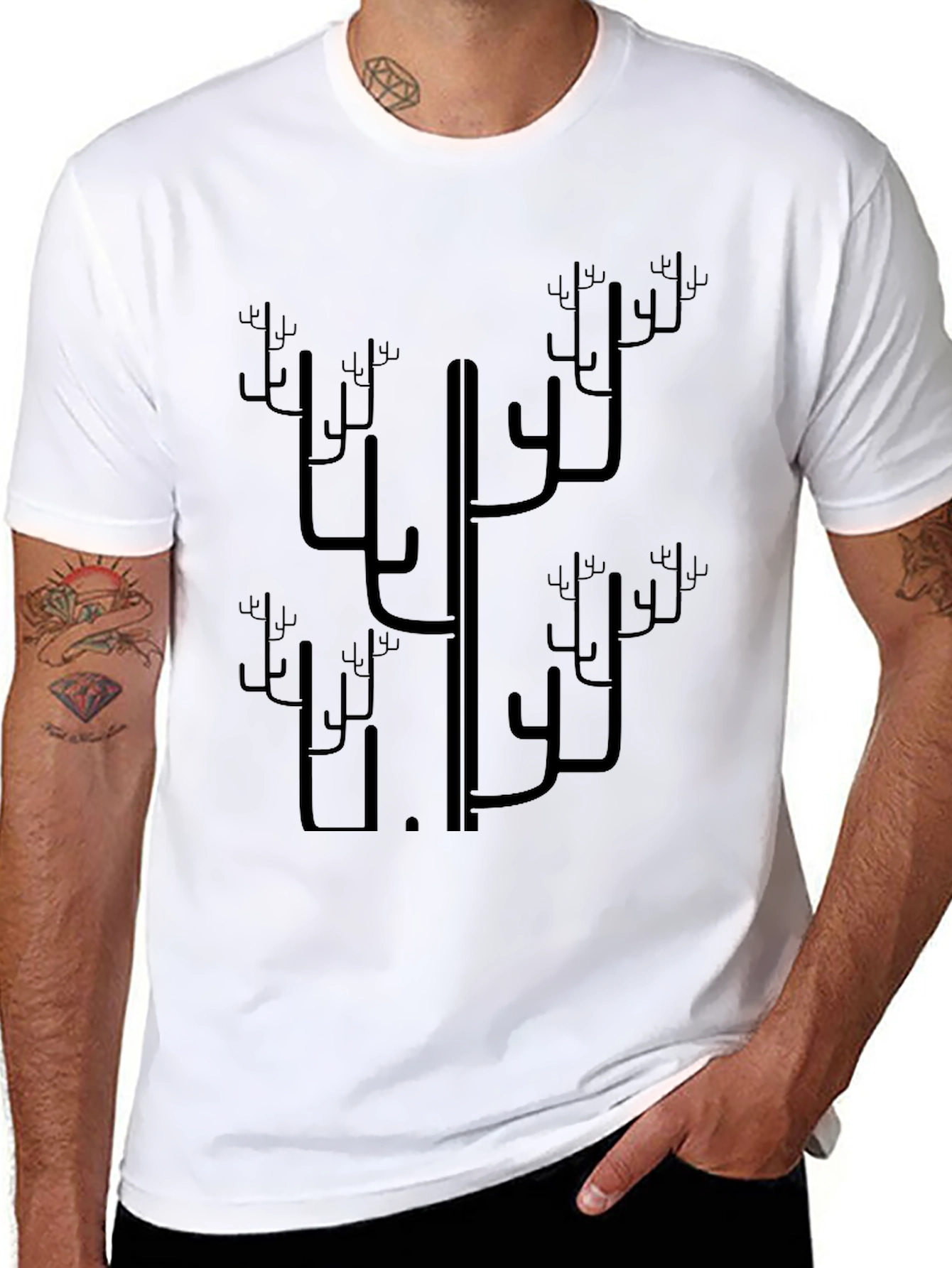 Abstract Cactus Print Black T-Shirt