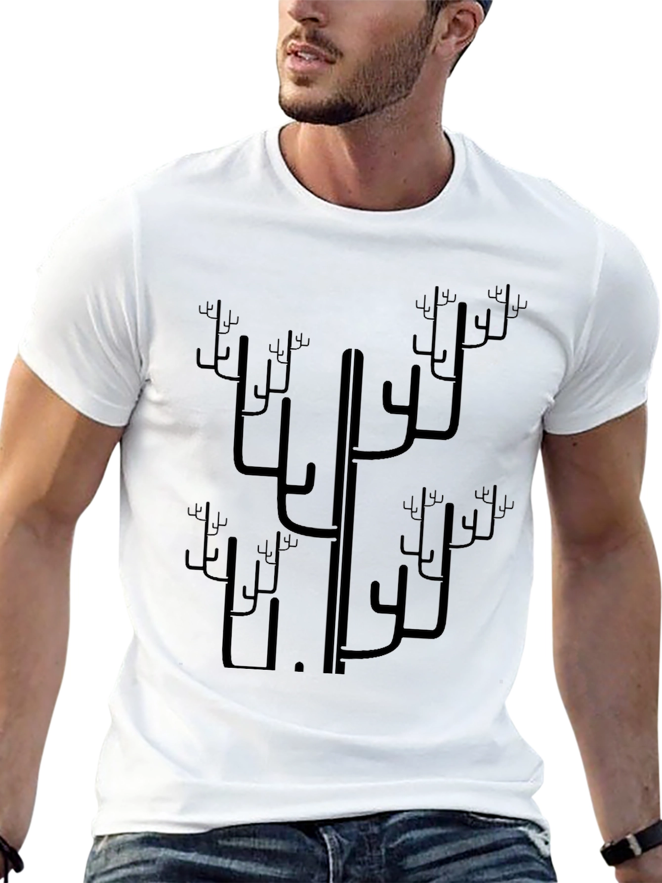 Abstract Cactus Print Black T-Shirt