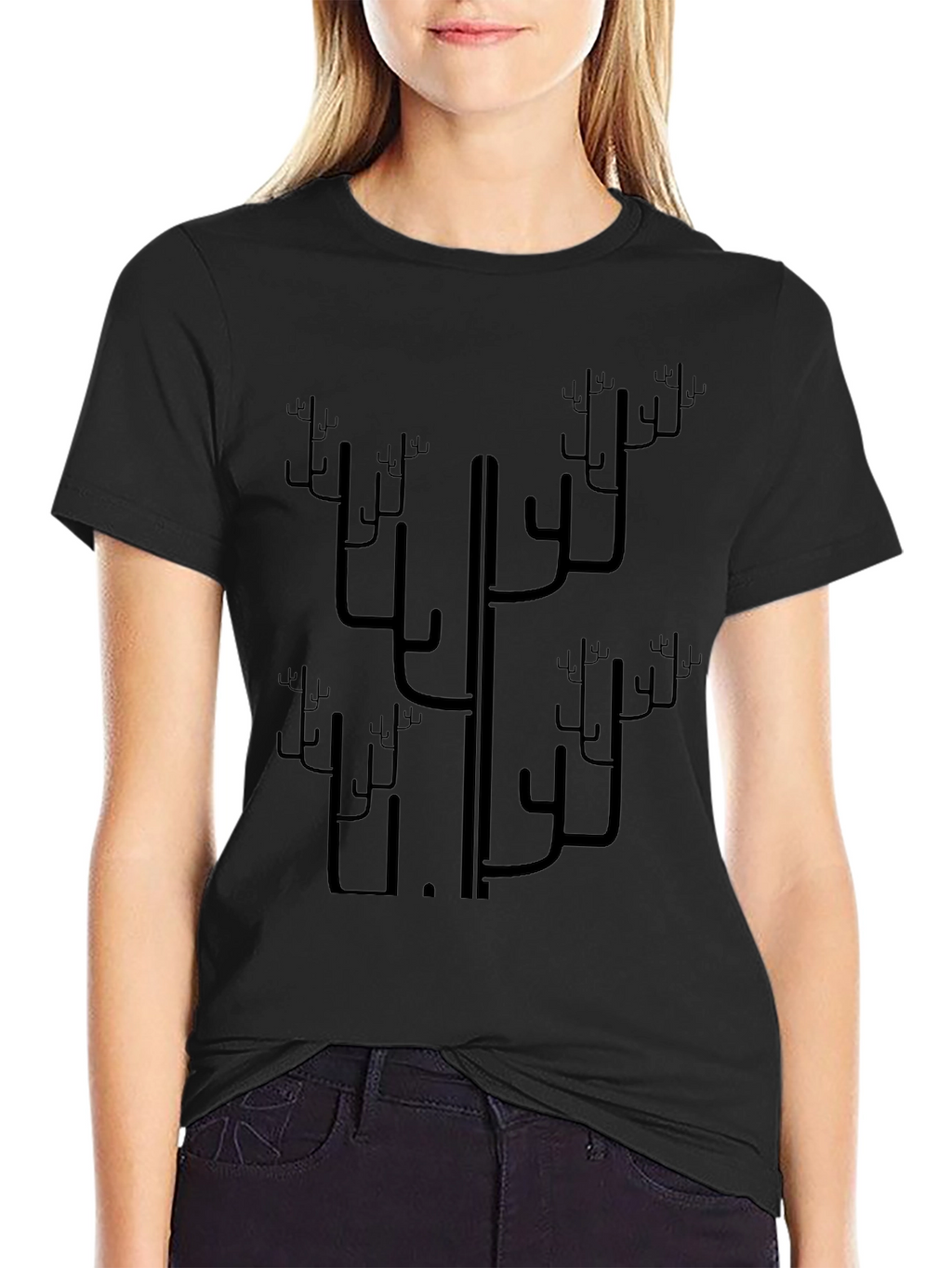 Abstract Cactus Print Black T-Shirt