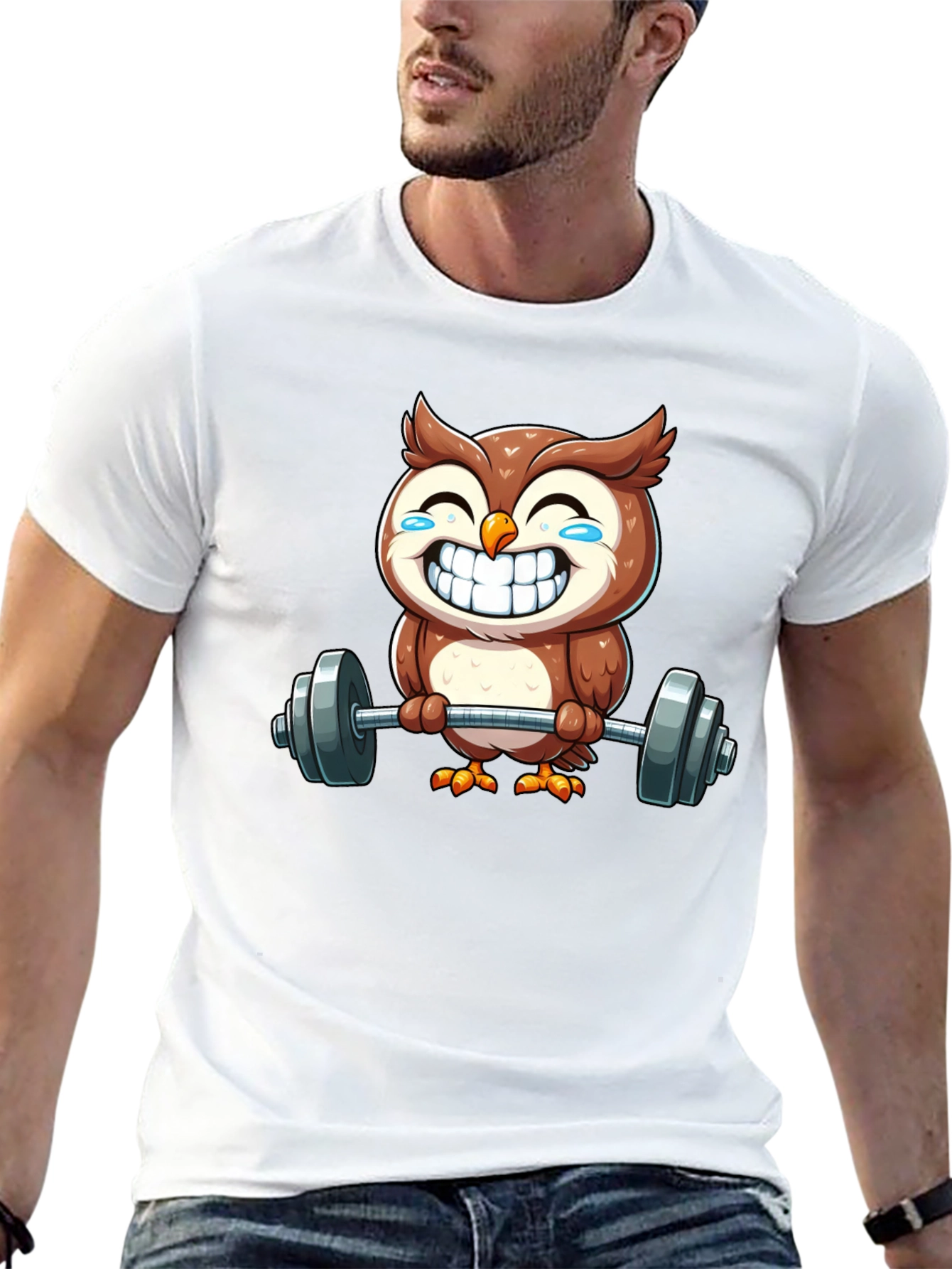 Funny Owl Lifting Weights Graphic Tee