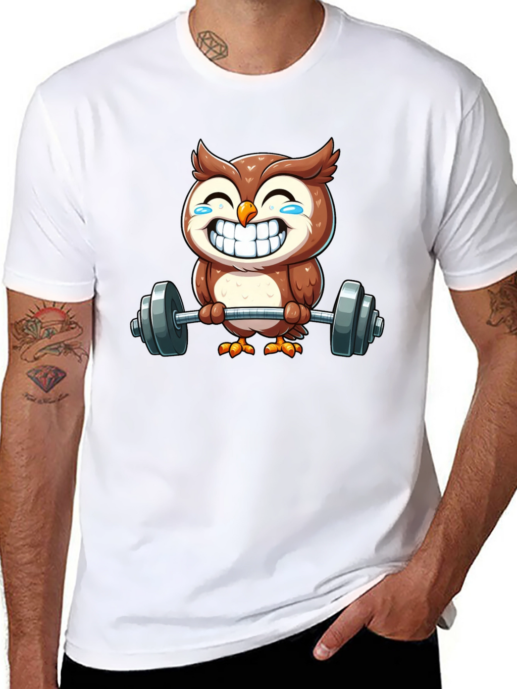 Funny Owl Lifting Weights Graphic Tee