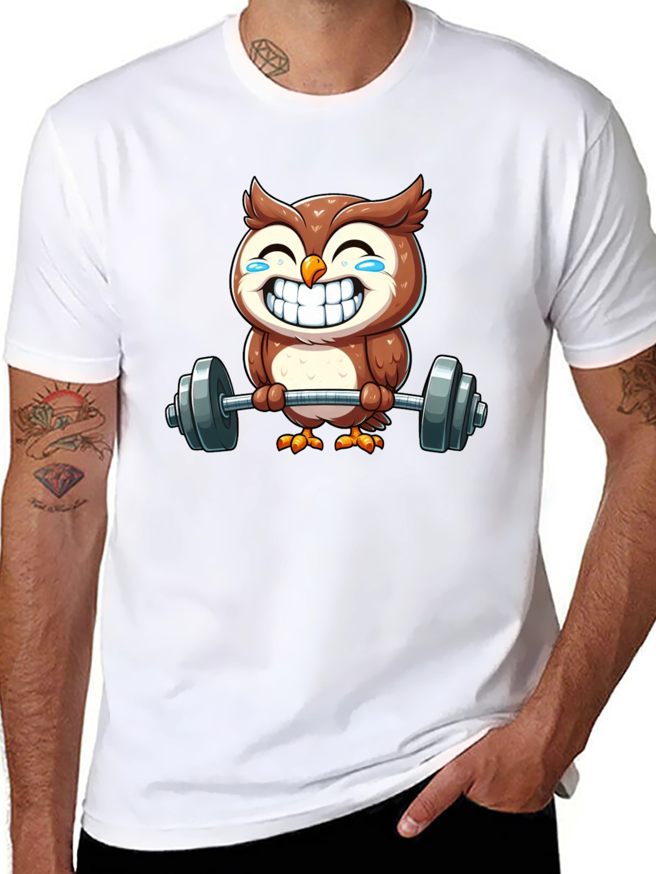 Funny Owl Lifting Weights Graphic Tee