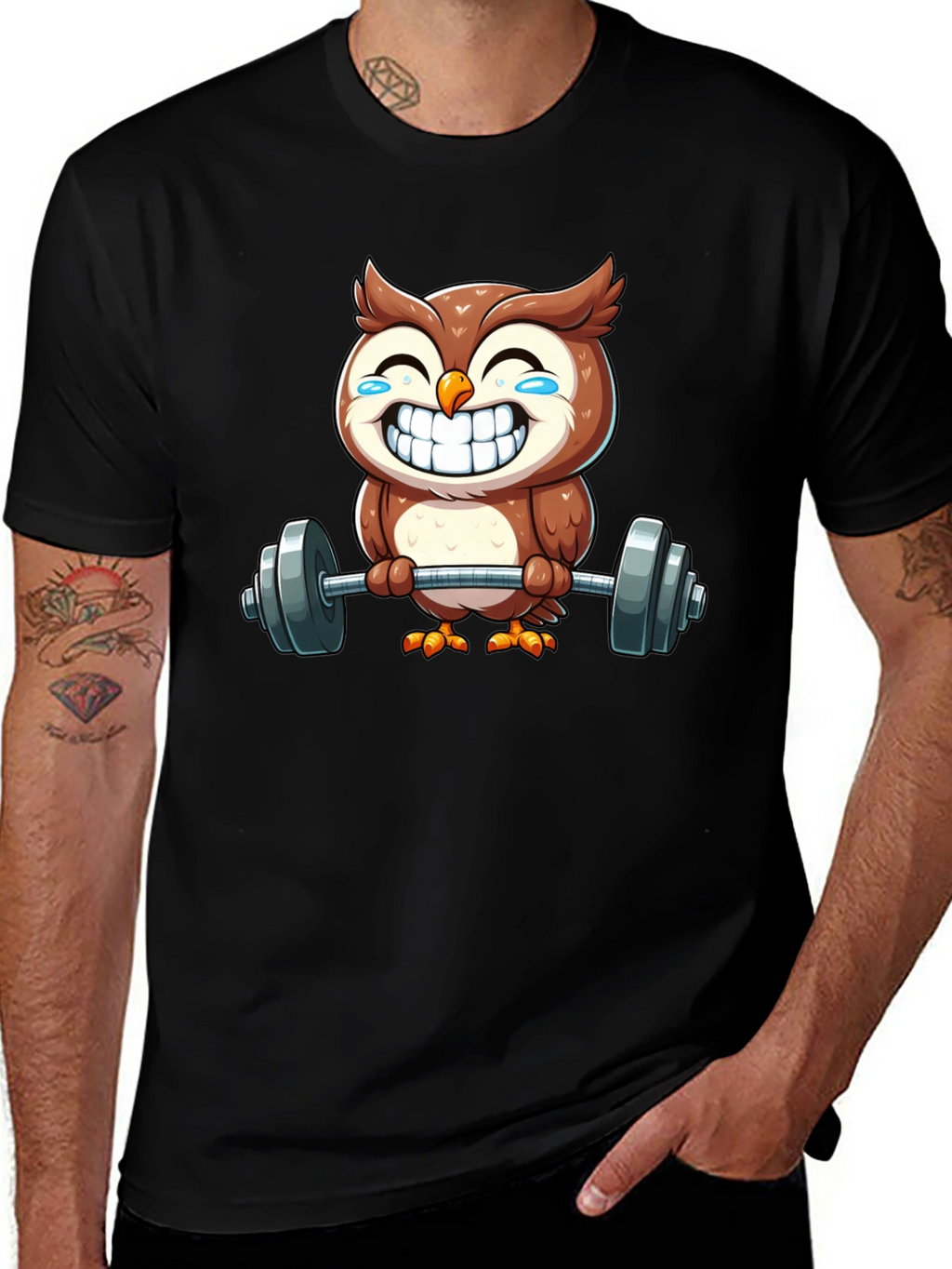 Funny Owl Lifting Weights Graphic Tee