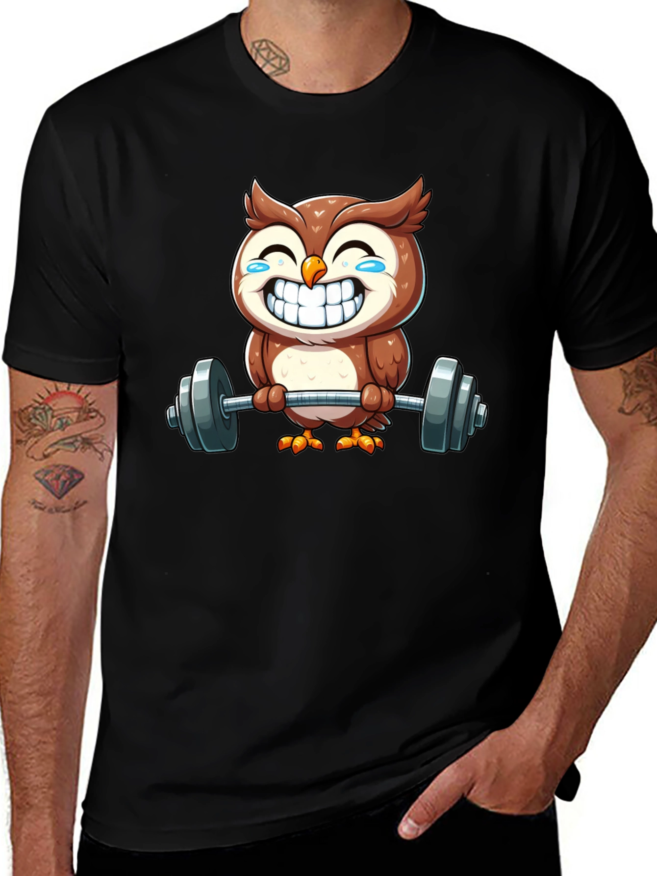 Funny Owl Lifting Weights Graphic Tee