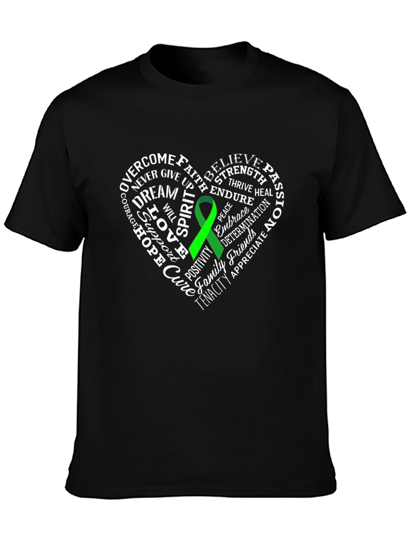 Green Ribbon Heart Word Art Graphic T-Shirt