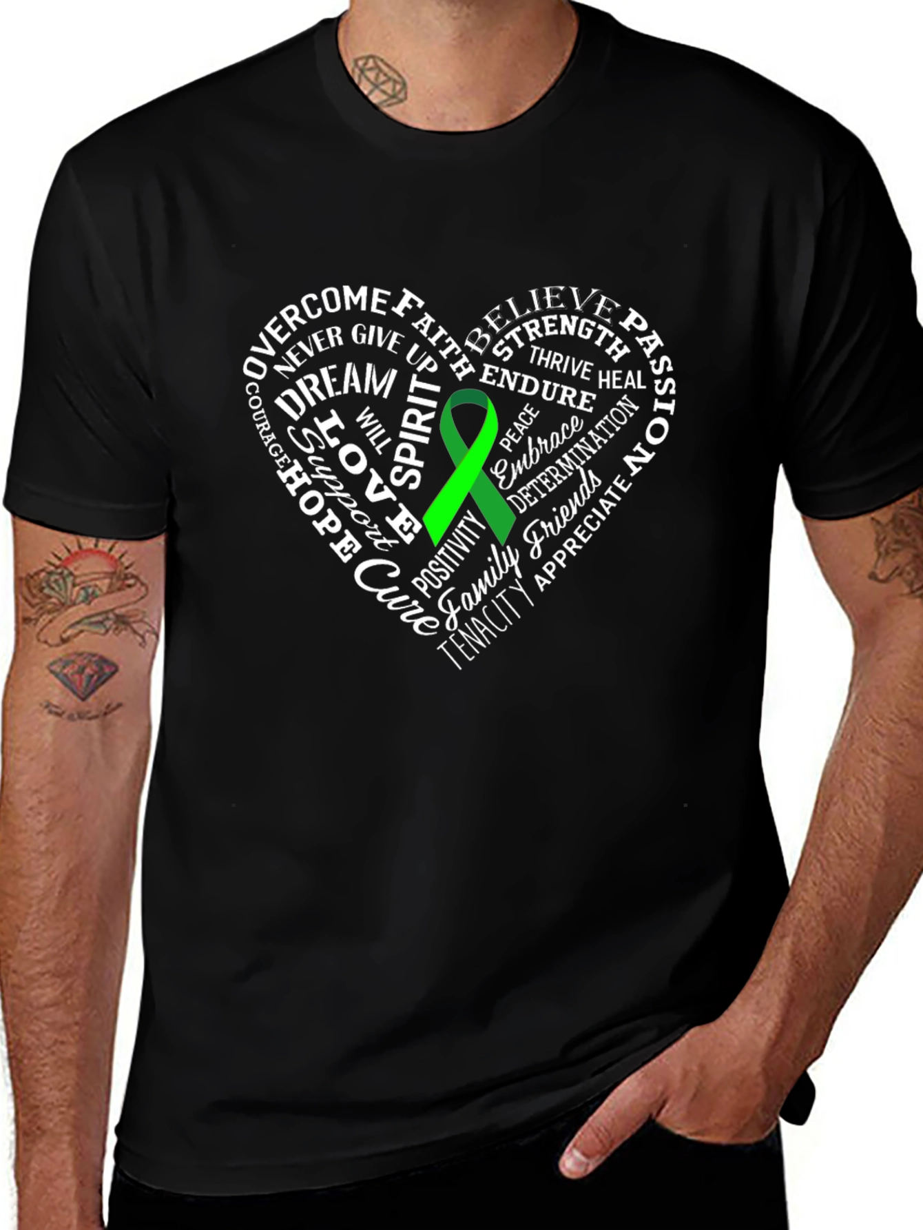 Green Ribbon Heart Word Art Graphic T-Shirt