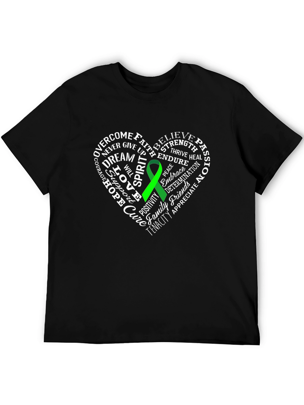 Green Ribbon Heart Word Art Graphic T-Shirt