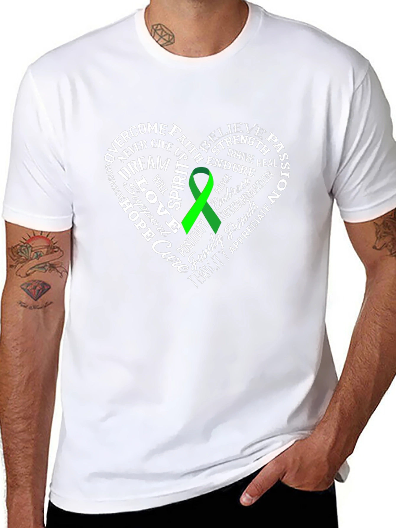 Green Ribbon Heart Word Art Graphic T-Shirt