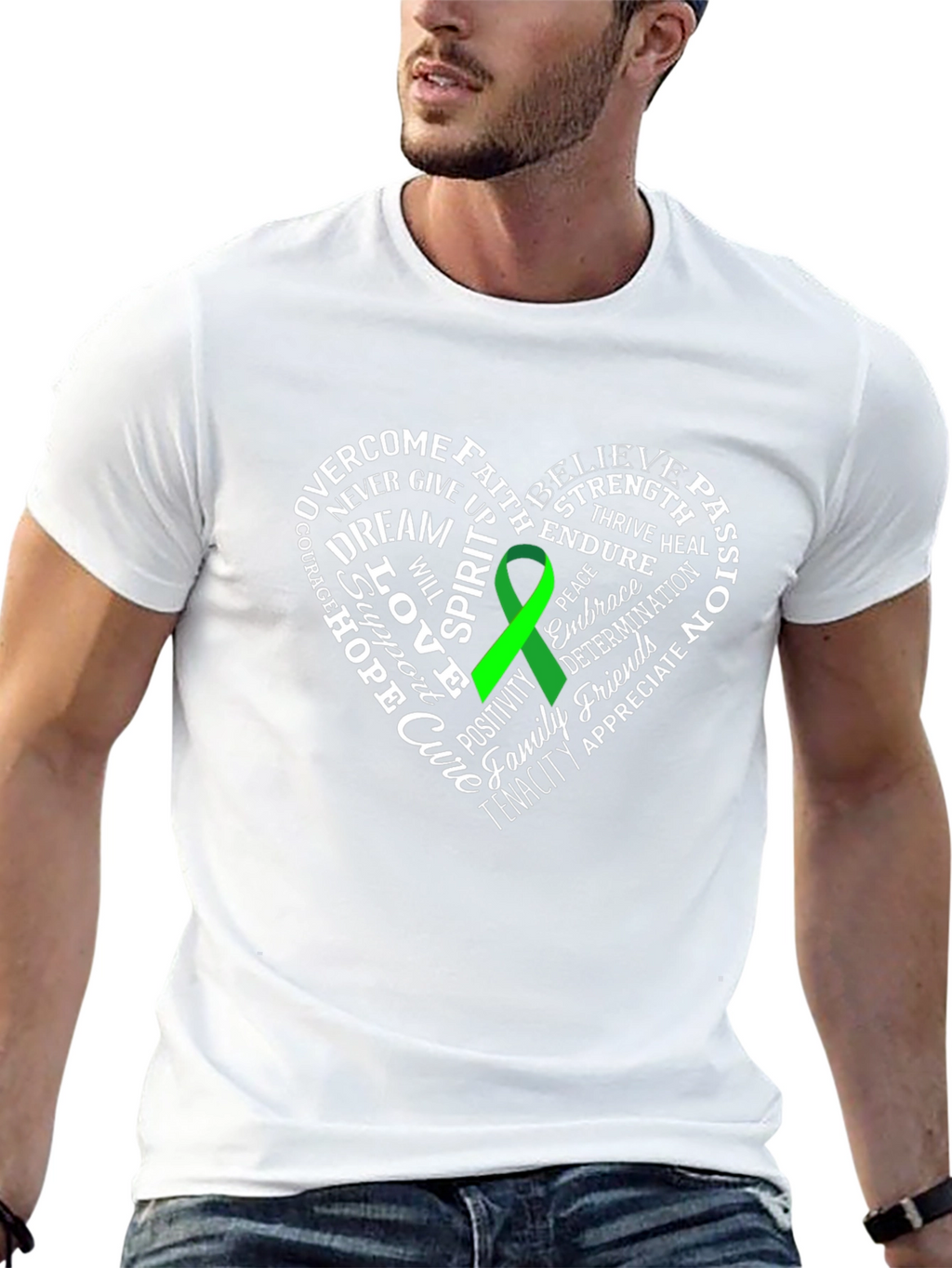 Green Ribbon Heart Word Art Graphic T-Shirt