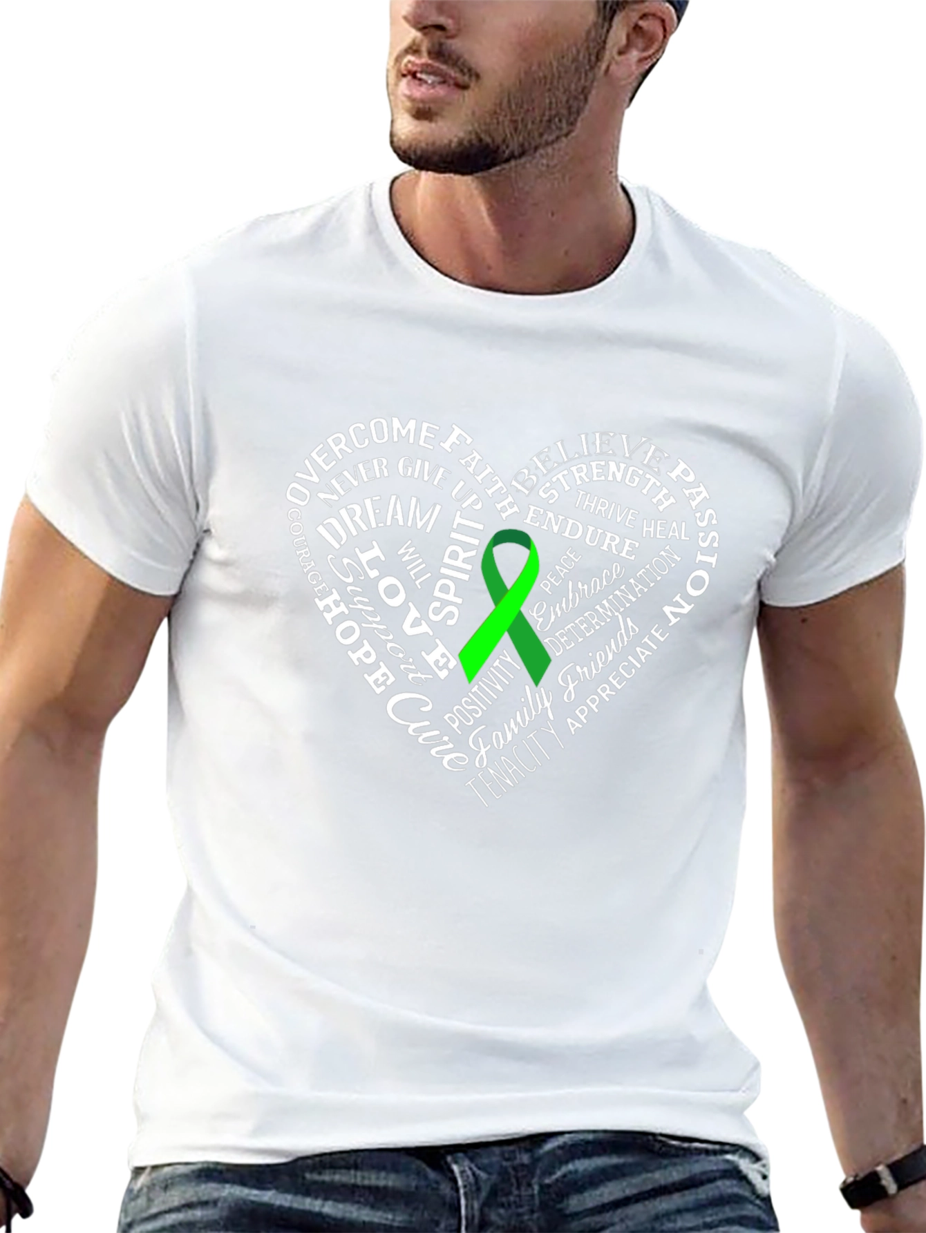 Green Ribbon Heart Word Art Graphic T-Shirt