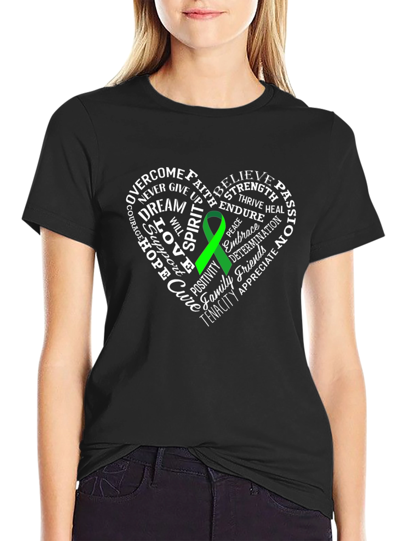 Green Ribbon Heart Word Art Graphic T-Shirt