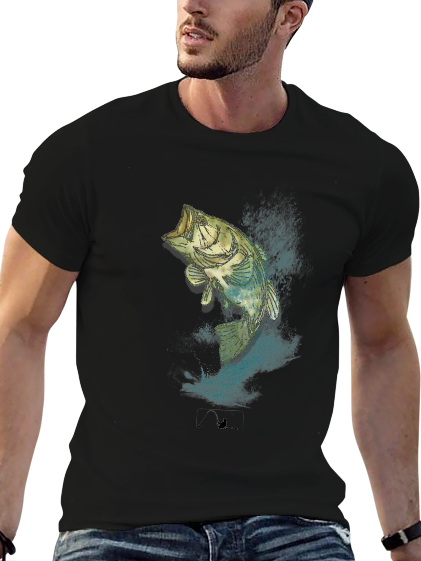 Mens Black Bass Fishing Graphic T-Shirt
