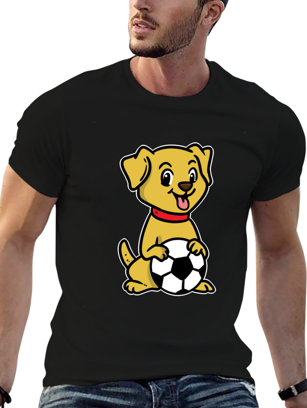 Dog with Soccer Ball Black T-Shirt
