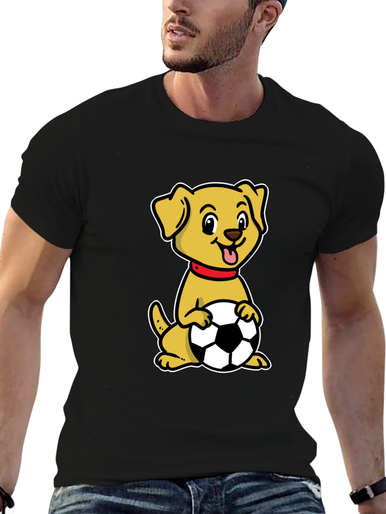 Dog with Soccer Ball Black T-Shirt