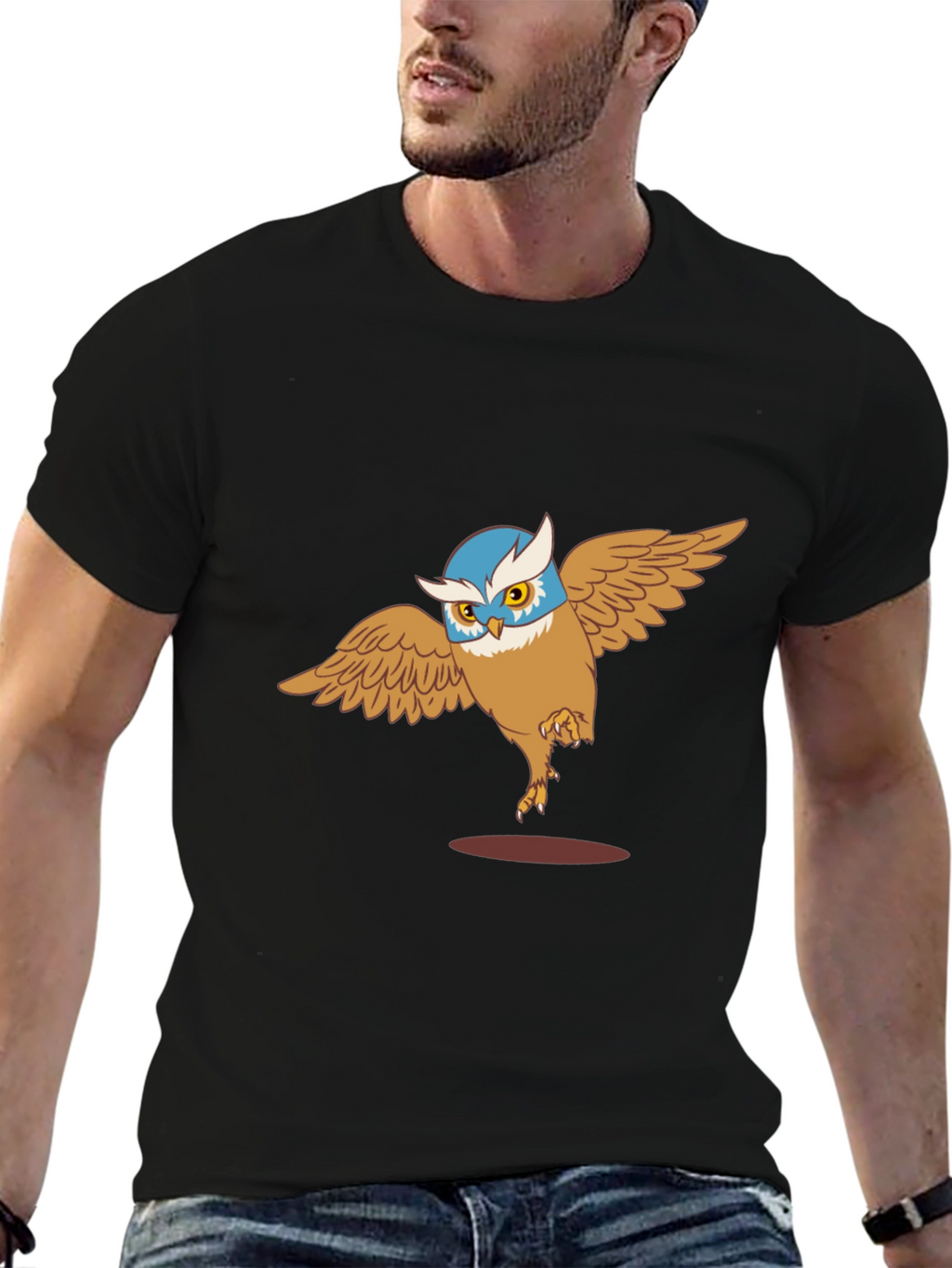 Owl Cartoon Graphic Print Black T-Shirt