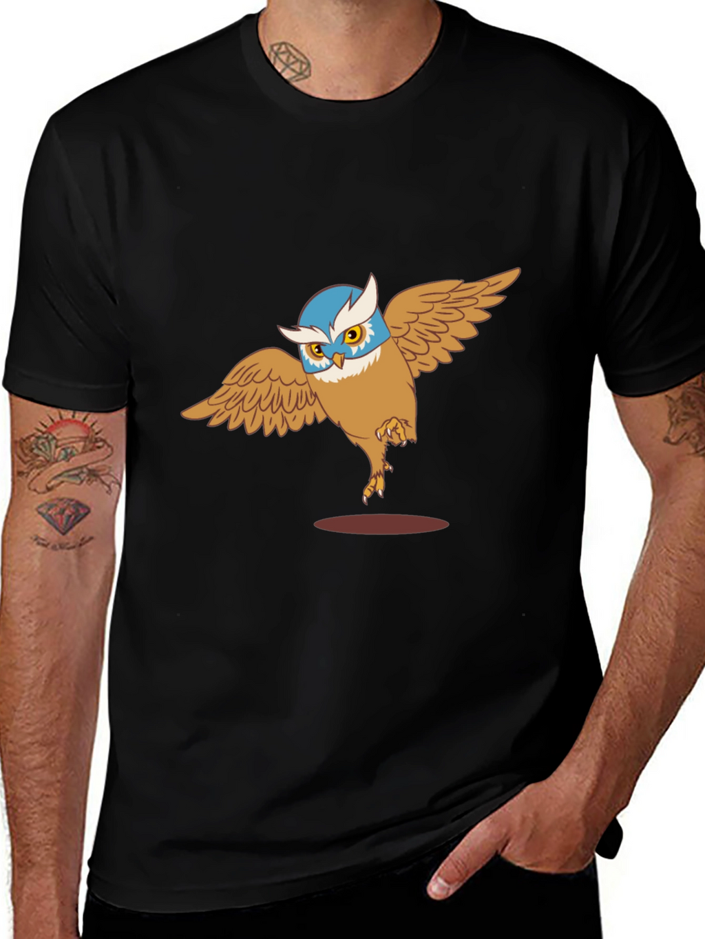 Owl Cartoon Graphic Print Black T-Shirt