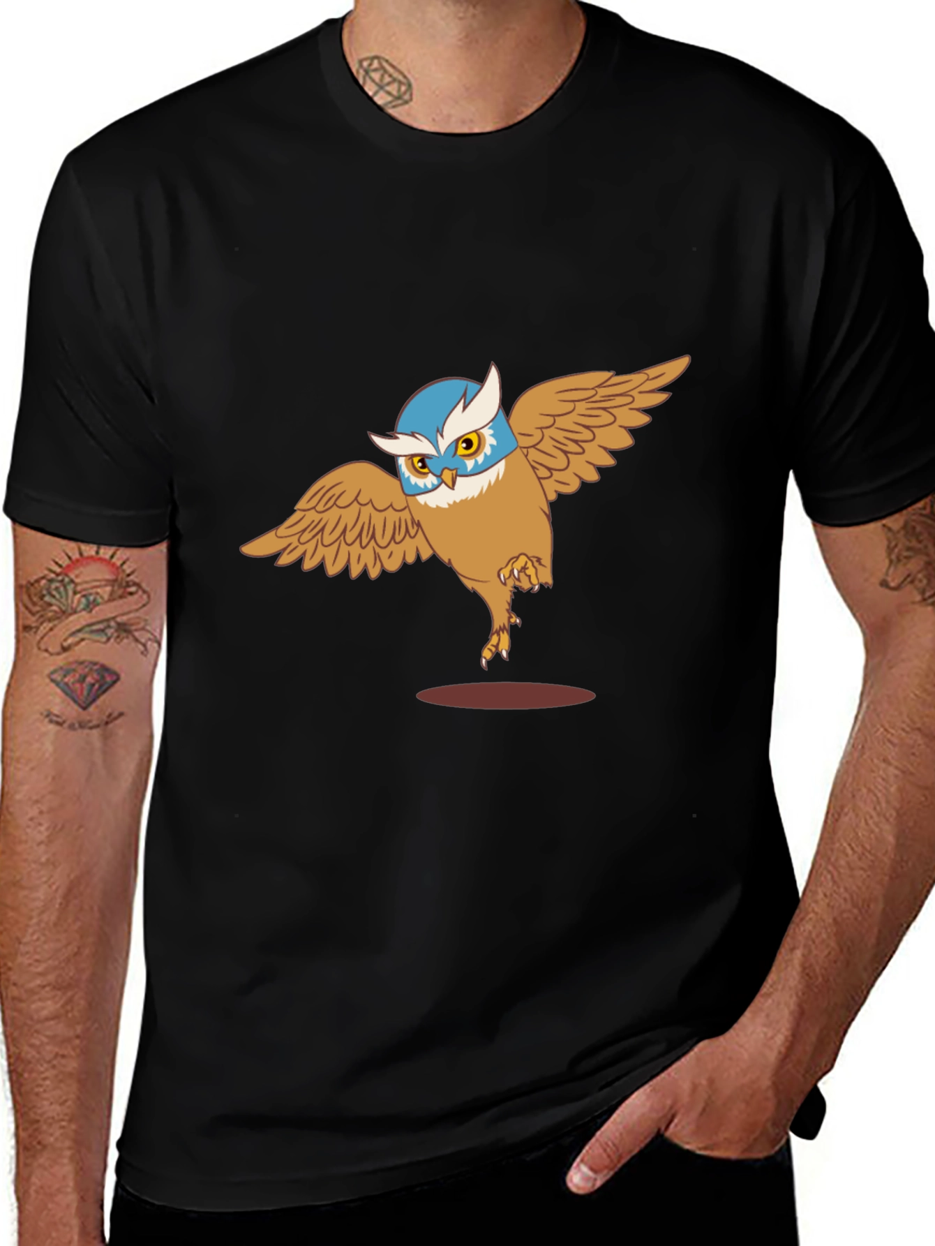 Owl Cartoon Graphic Print Black T-Shirt